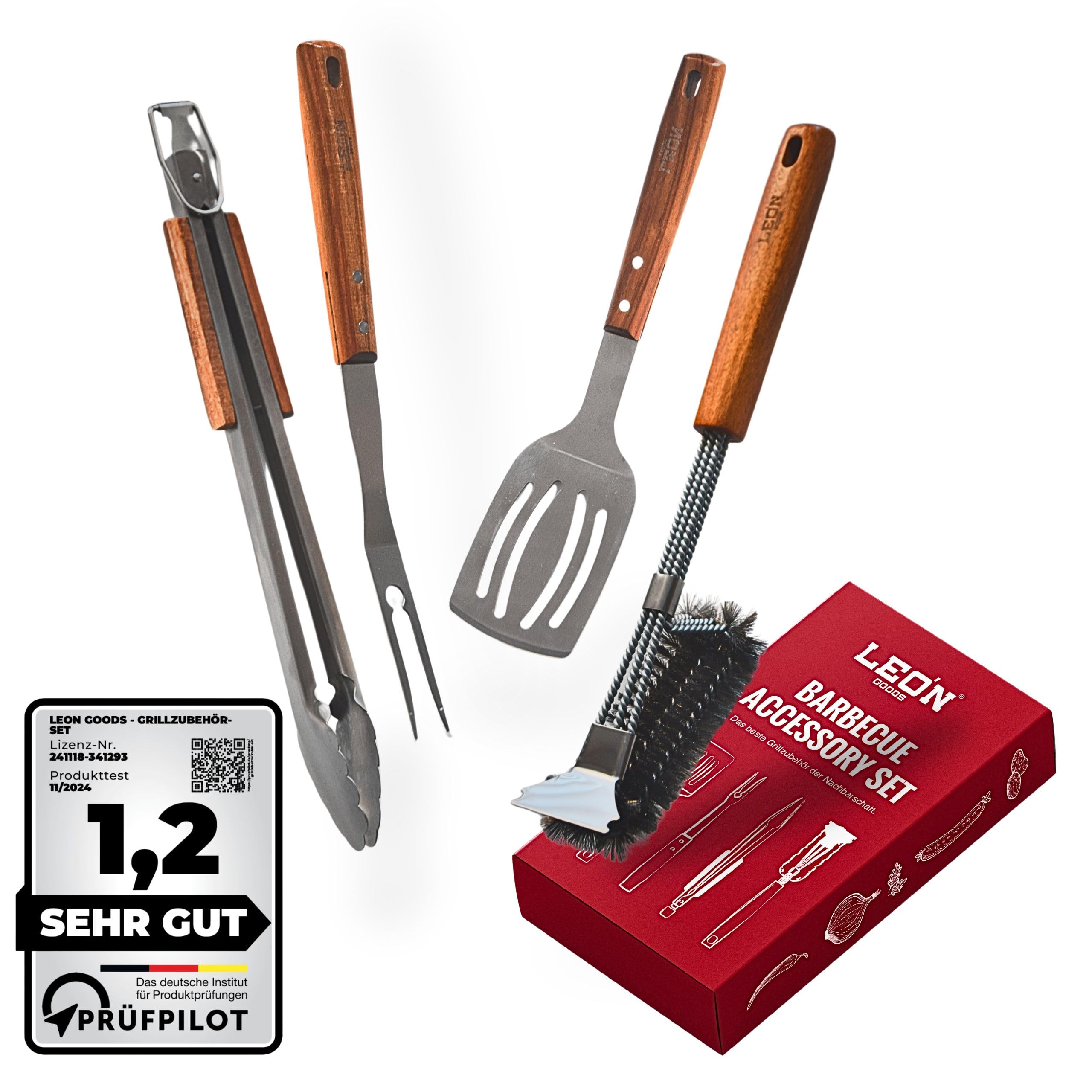 Küchenprofi BBQ-set Texas, 4-delig, barbecue-accessoires van roestvrij staal, grillbestekset, handschoen, grilltang met flesopener, hamburgerspatel, grillborstel, met houten handgrepen, in zwarte