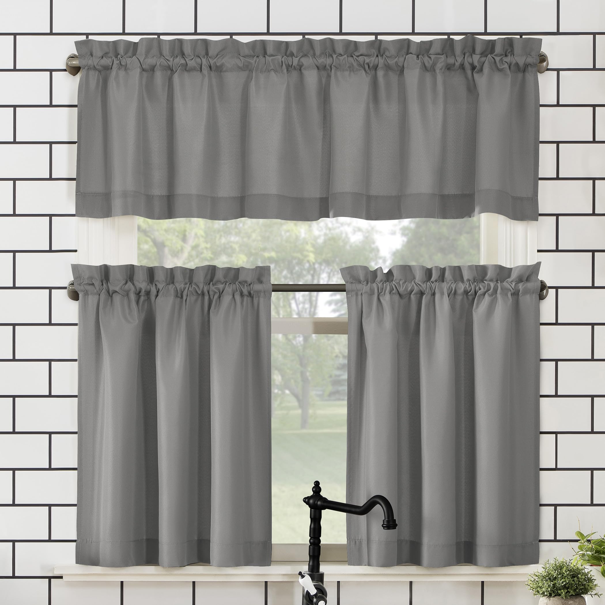 No. 918 Martine Microfiber Semi-Sheer Rod Pocket Kitchen Curtain Valance and Tiers Set, 54" x 24", Gray