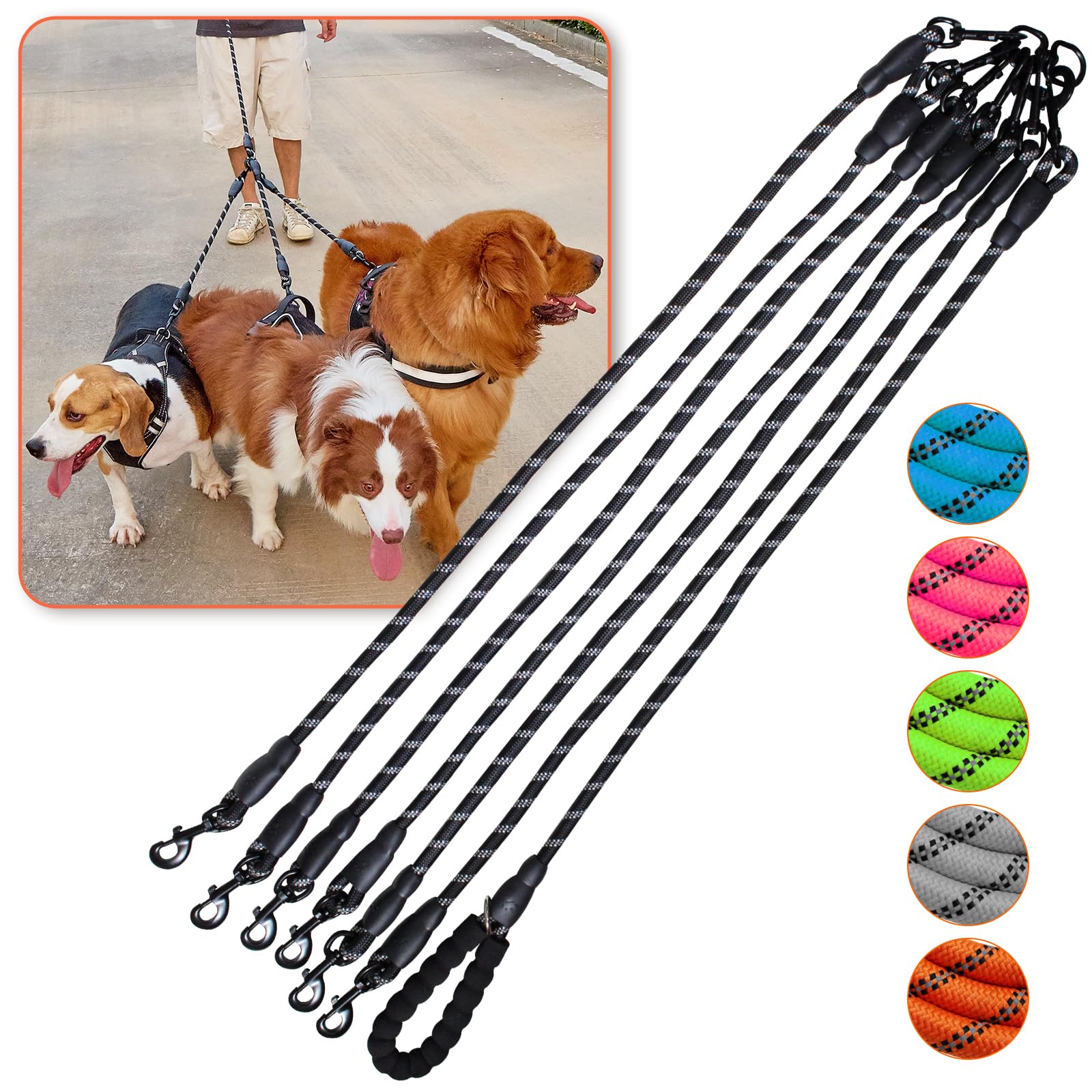 Luck Dawn Sechs Hundeleine, 6-Wege-Leine für Hunde, 6 Hundeleine, 360 Grad drehbar, kein Verheddern, für 6 Hunde, 6 Hundeleinen mit reflektierender Hundeleine, für Spaziergänge und Training, Schwarz
