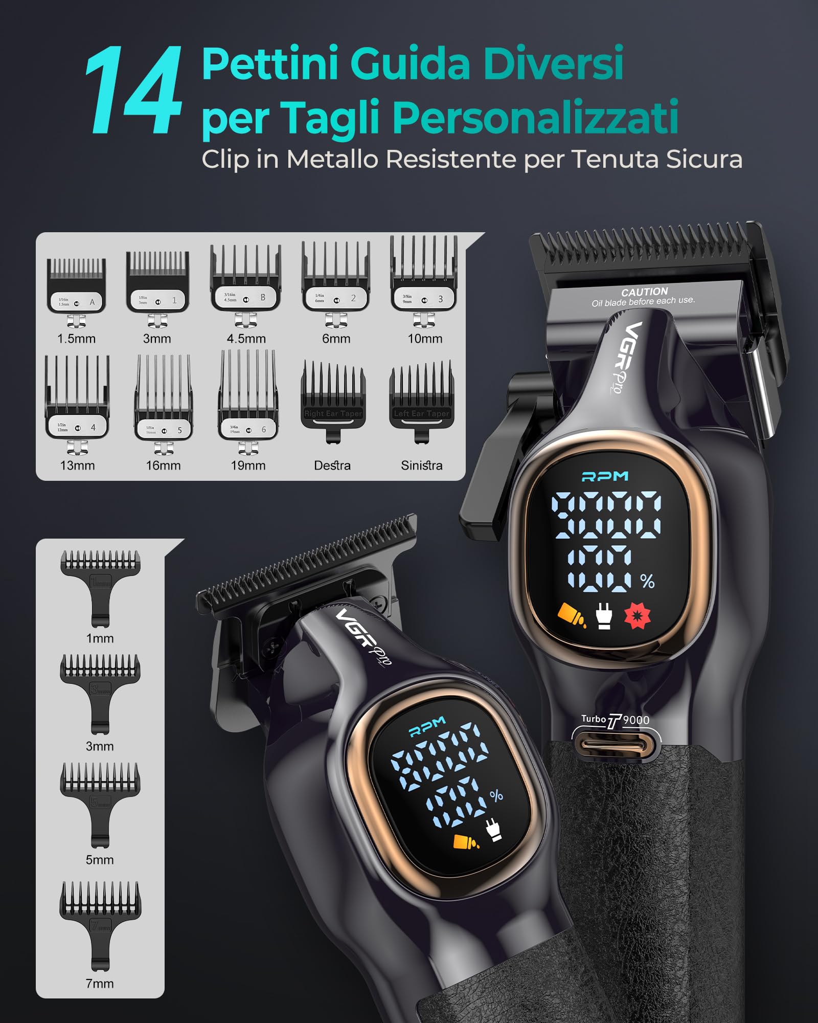 VGRPRO Tagliacapelli Uomo Professionale, 9000RPM Kit Barbiere, Senza fili | Set Macchinetta per capelli e Trimmer,14 Pettini guida,Display LCD, Base di ricarica, 4h autonomia, Grip antiscivolo,Custodia