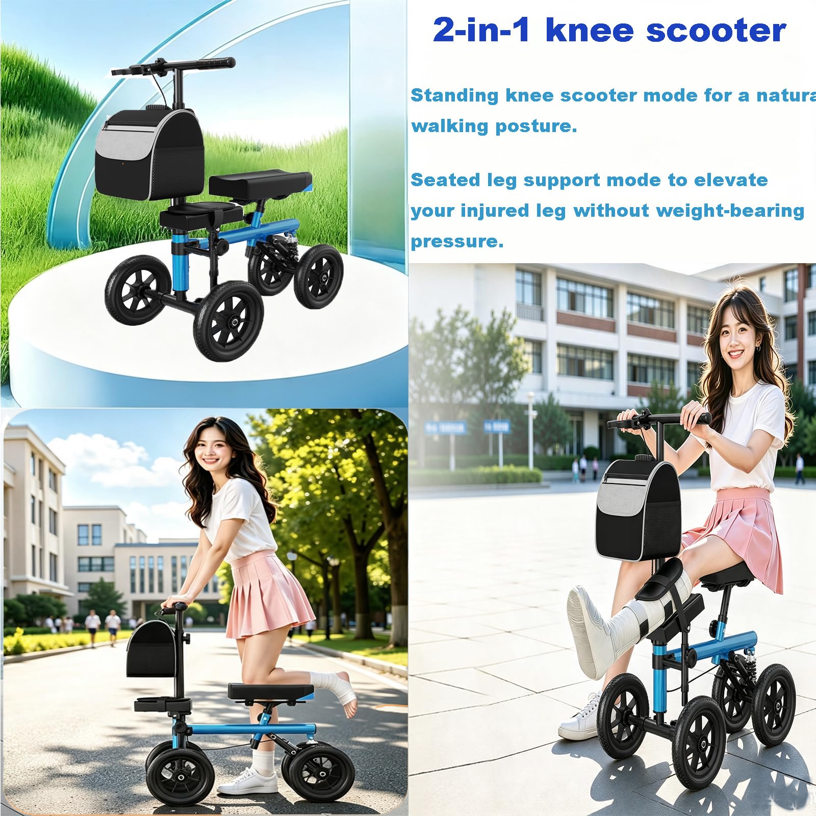 Scooter pieghevole per adulti, deambulatore per ginocchio regolabile