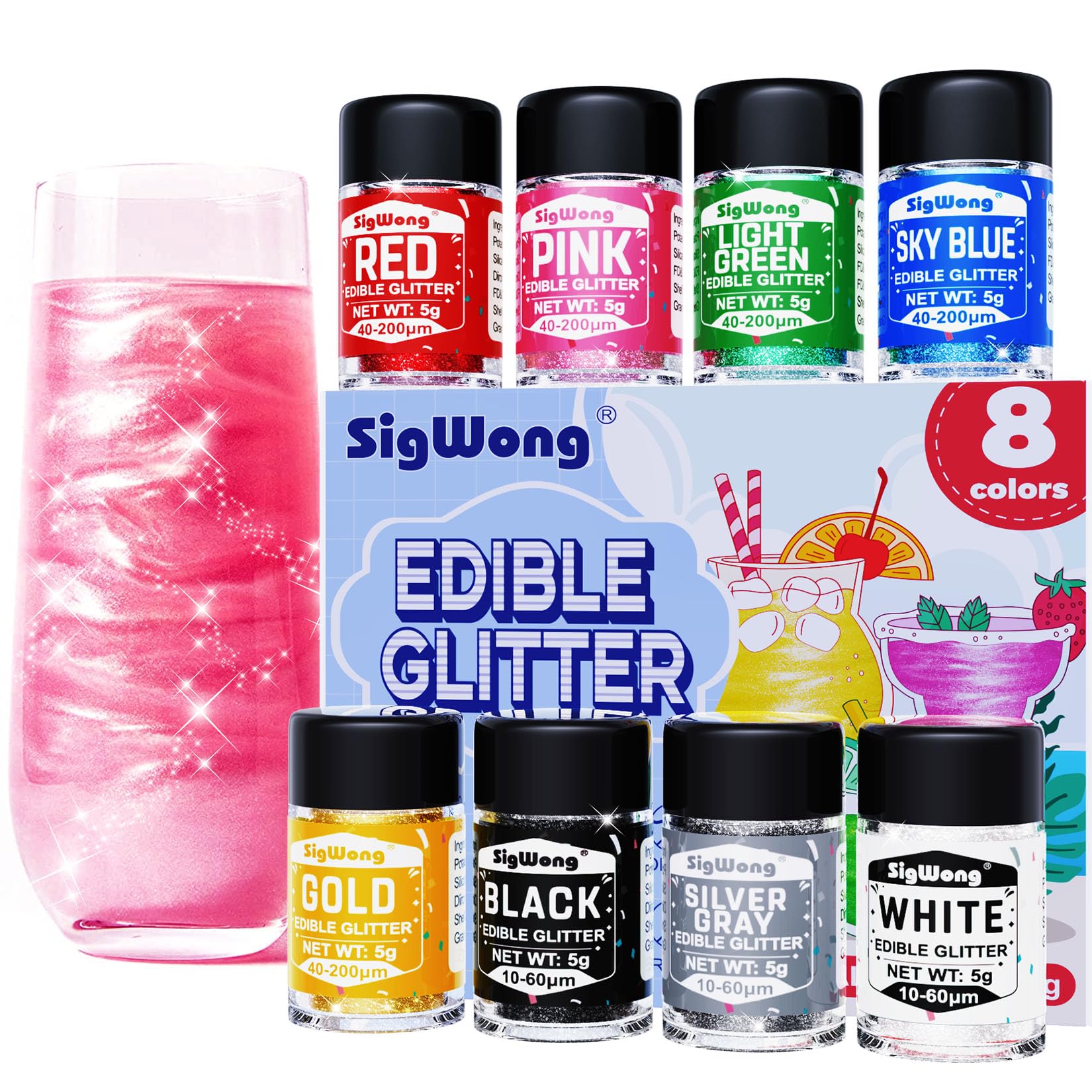 Edible Glitter - 8 Colors Luster Dust Edible Set for Drinks, Food Grade Edible Glitter Dust for Cake Decorating, Cocktail, Fondant, Strawberries,