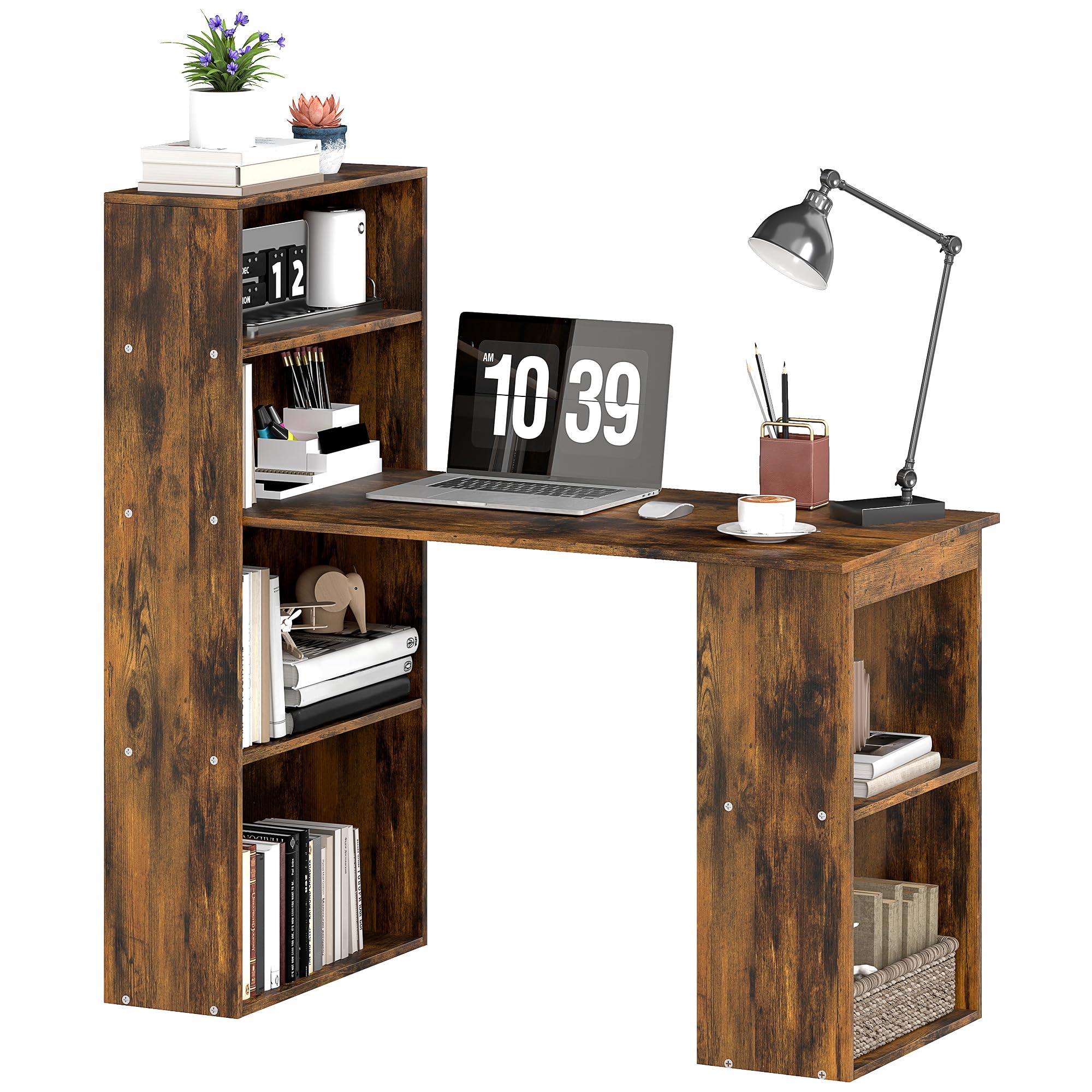 HOMCOM 120cm Modern Computer Desk Bookshelf Study Table Workstation PC Laptop Writing Home Office 6 Shelves, Rustic Brown Wood-Effect