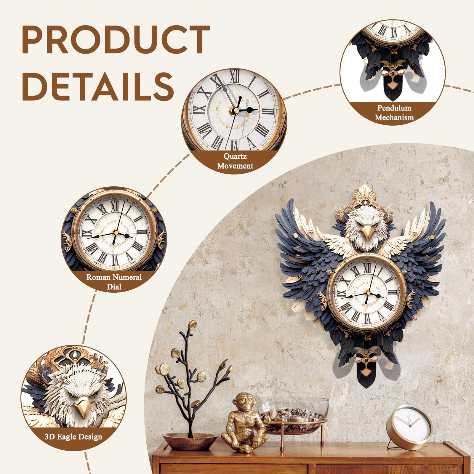 Puzzle 3D per adulti, con design a forma di aquila, orologio a pendolo meccanico fai da te con numeri romani, decorazione da scrivania, casa e ufficio, regalo personalizzato per gli amanti