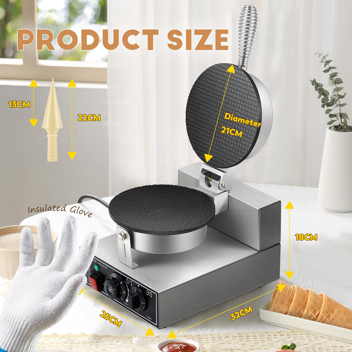 CGOLDENWALL Maquina de Barquillos Helado Eléctrica 1000W, con Antiadherente Revestimiento, Temperatura y Tiempo Ajustable, Comercial Máquina Gofrera para Conos para Cafeterías y Restaurantes