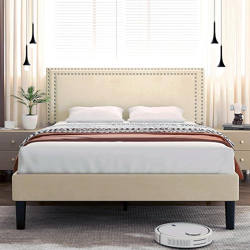 Miniatura 246 de VECELO Base de cama de tamaño matrimonial con cabecera tapizada ajustable, plataforma de listones de madera, diseño sin ruido, fácil montaje Negro