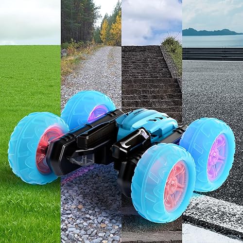 Miniatura 5 de Autos de acrobacias a control remoto de 82.4 F, camión RC recargable 4WD con faros, luces de rueda, auto de juguete de acrobacias de 360 vueltas de