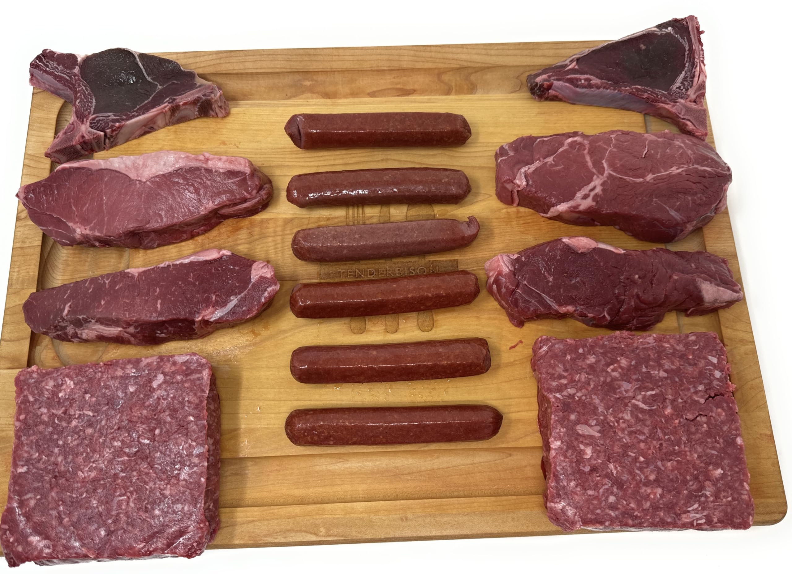 TenderBison Frontier Game Combo Pack: 14 Piece (Total 5.25 lbs.) - 4 -New York Strip Steak (8 oz.), 6 - 100% Bison 2 oz. Franks, 2- Bison 90/10 Ground bricks, 2 - Elk 4-5 oz. Bone In Chops - Grass fed bison