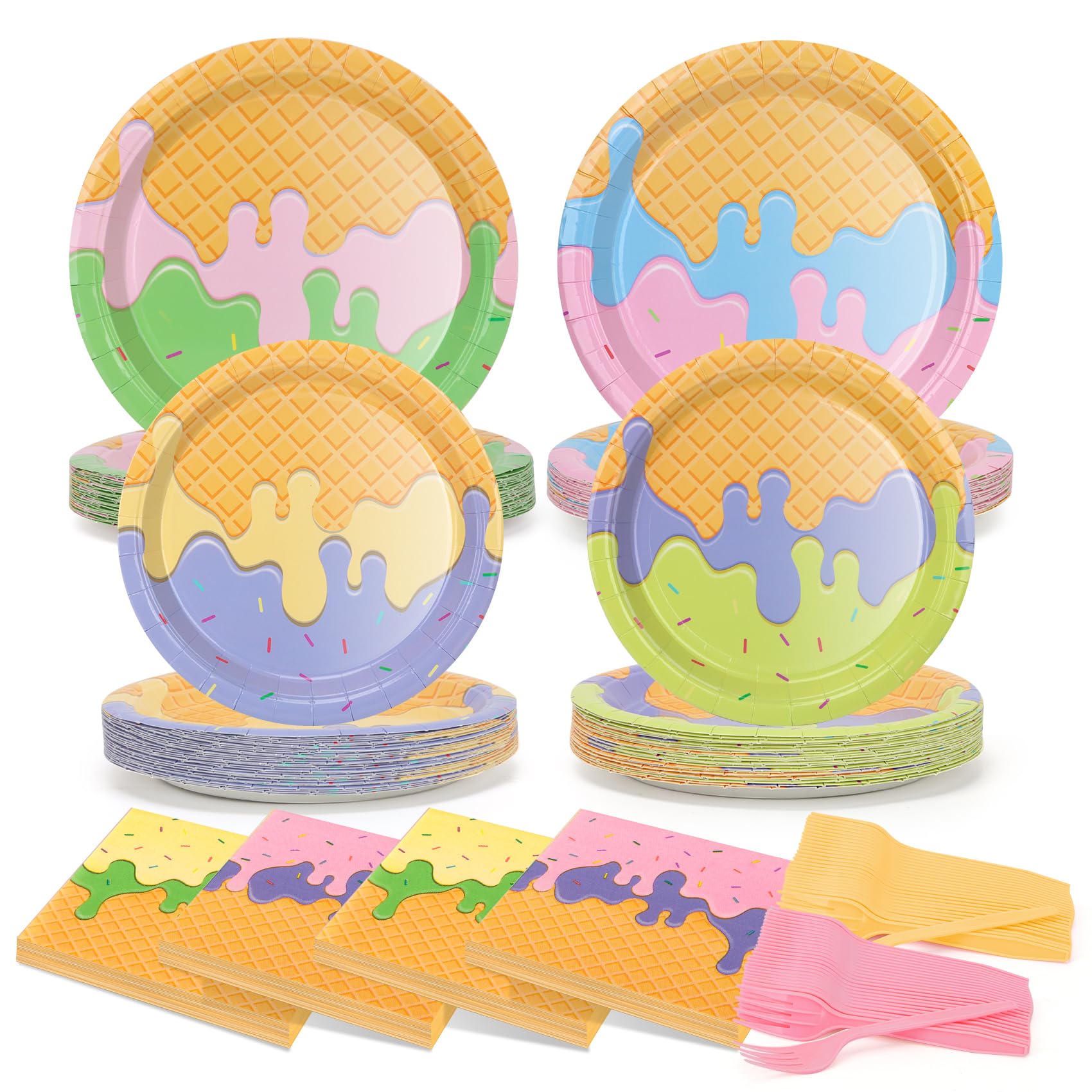 200pcs Ice Cream Birthday Party Plates and Napkins Supplies Serve 50 | Ice Cream Theme Party Decorations Includes 9&7inch Paper Plates Cups Napkins Forks for Baby Shower Summer Sweet Shop