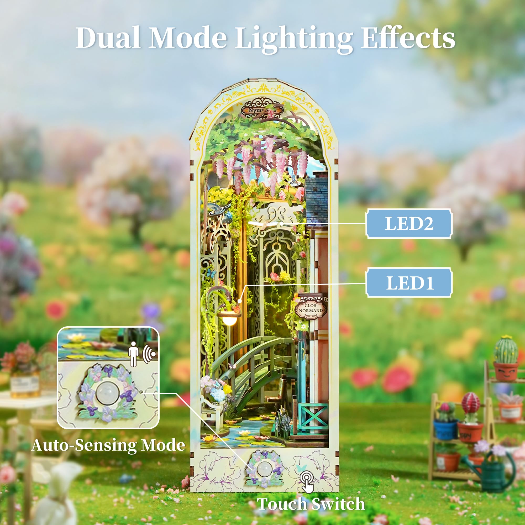 Tonecheer DIY Book Nook Kit for Adults, 3D Puzzle Wooden Miniature House Kit, Booknook Dollhouse Bookshelf Insert Decor Bookend with Dust Cover and LED Lights Gifts ()