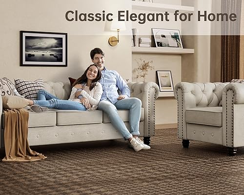 Miniatura 5 de Morden Fort Juego de Sofá Clásico Chesterfield de 82'', Sofá Capitoné para Juego de Sofás con Patas de Madera Maciza, Cojín Grueso, Sofás de Asiento