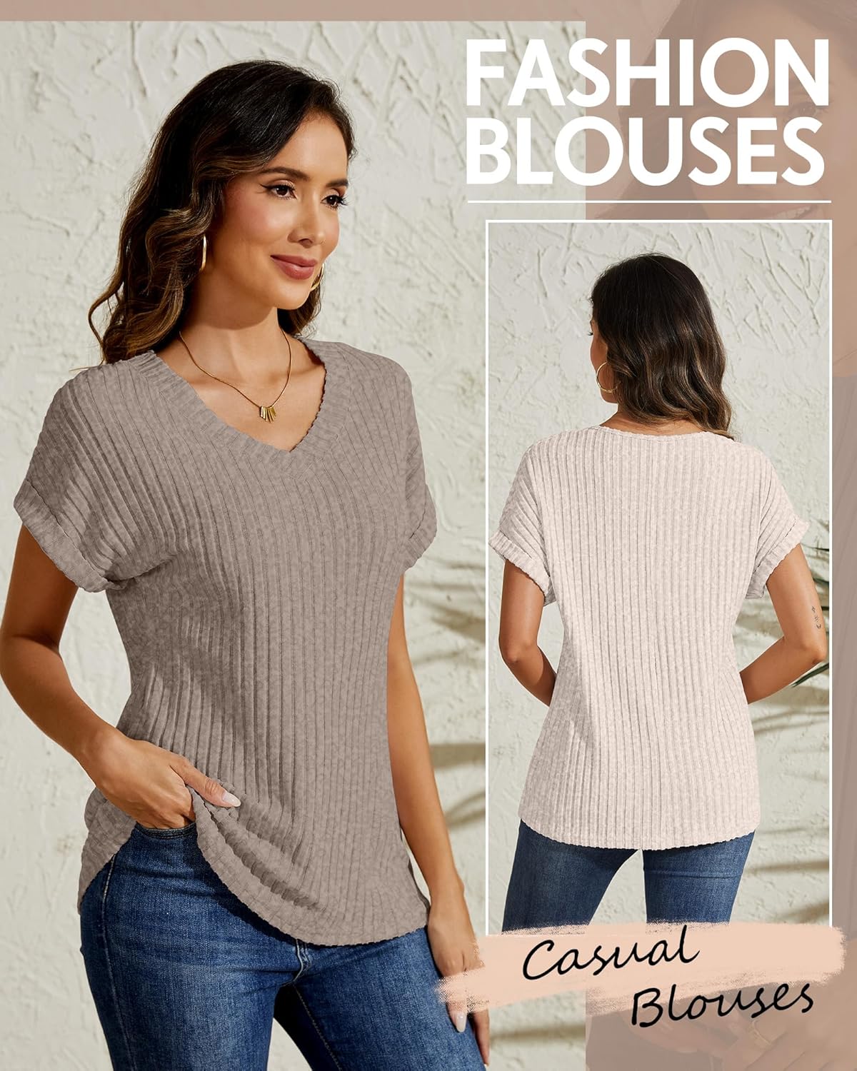 3 Pack Women Short Sleeve Sweaters 2025 Summer V Neck Tops Casual Shirts Loose Fit Lightweight Dressy Business - Image 2