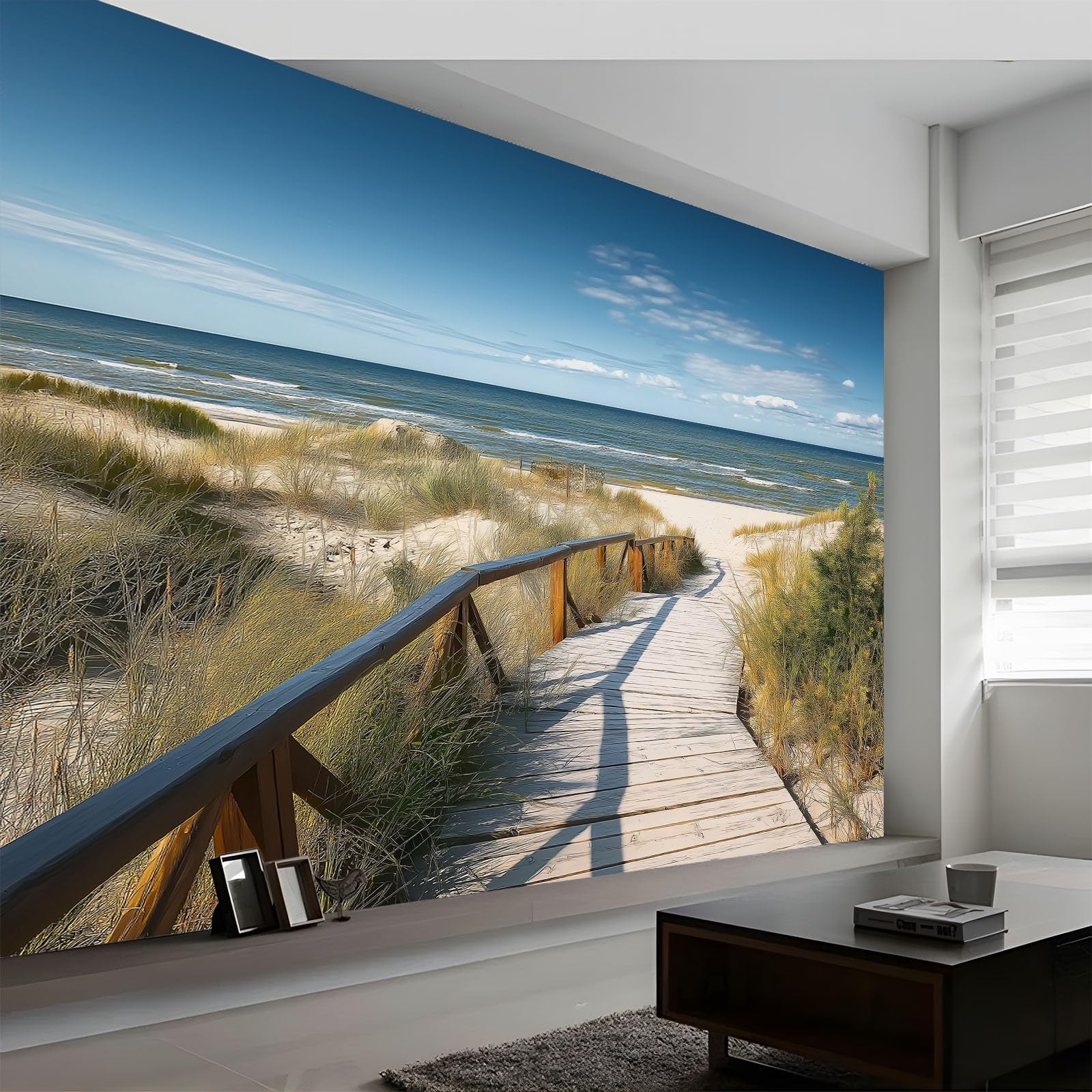 Wall Mural 450 x 280 cm - Photo Wallpaper, Nature Landscape Realistic Visual Effect Durable Non-Woven Material, Beach Wooden Bridge Dune Plants for Living Room, Bedroom or Office