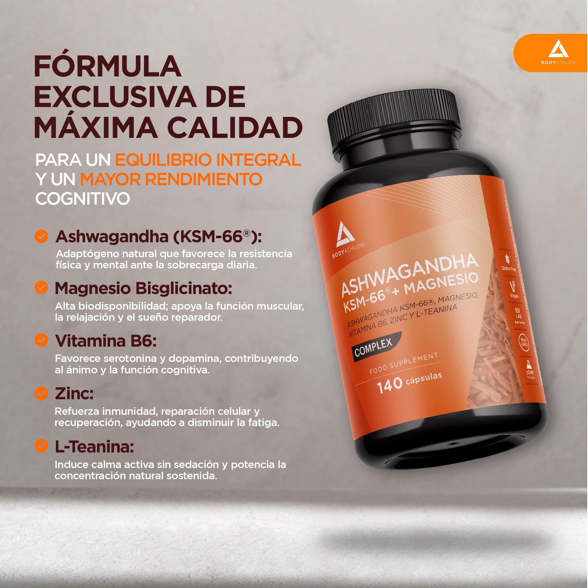 Ashwagandha KSM66 + Magnesio Bisglicinato + L-Teanina | Menos Estrés, Ansiedad| Más Descanso, Bienestar Mental y Físico |100% Raíz+ 5% Withanolidos+ Vitamina B6+ Zinc - Vegano- Sin Gluten| Bodyathlon