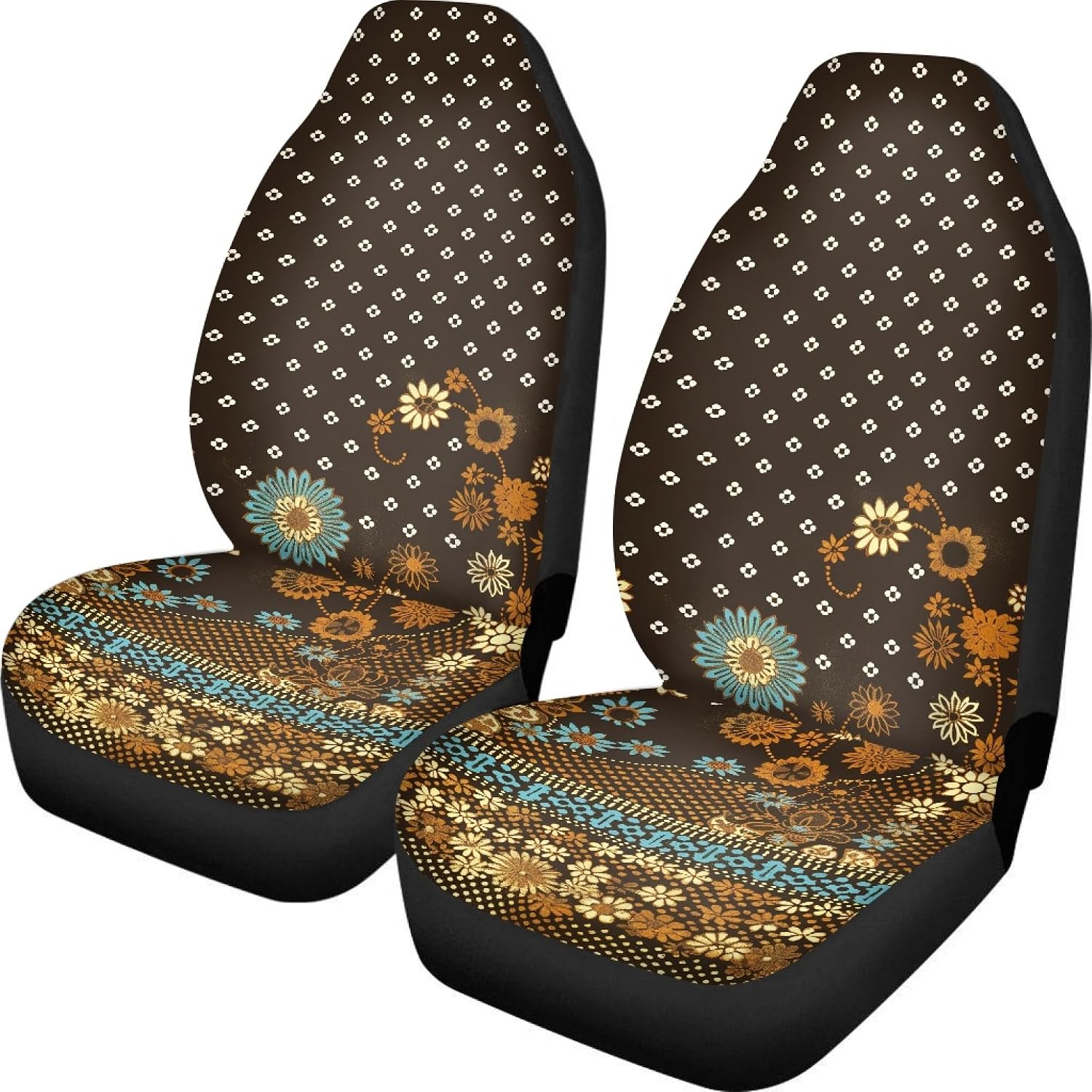Amzbeauty Floral Car Seat Covers for Women, 2 Piece Brown Boho Floral Print Bucket Seat Protector Auto Interior All Weather Vehicle Front Seats Cover