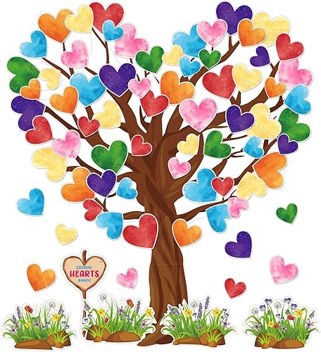 Whaline Juego de 108 tableros de anuncios de árbol de aula de San Valentín recortes de corazón coloridos de acuarela estilo encantador recortes de