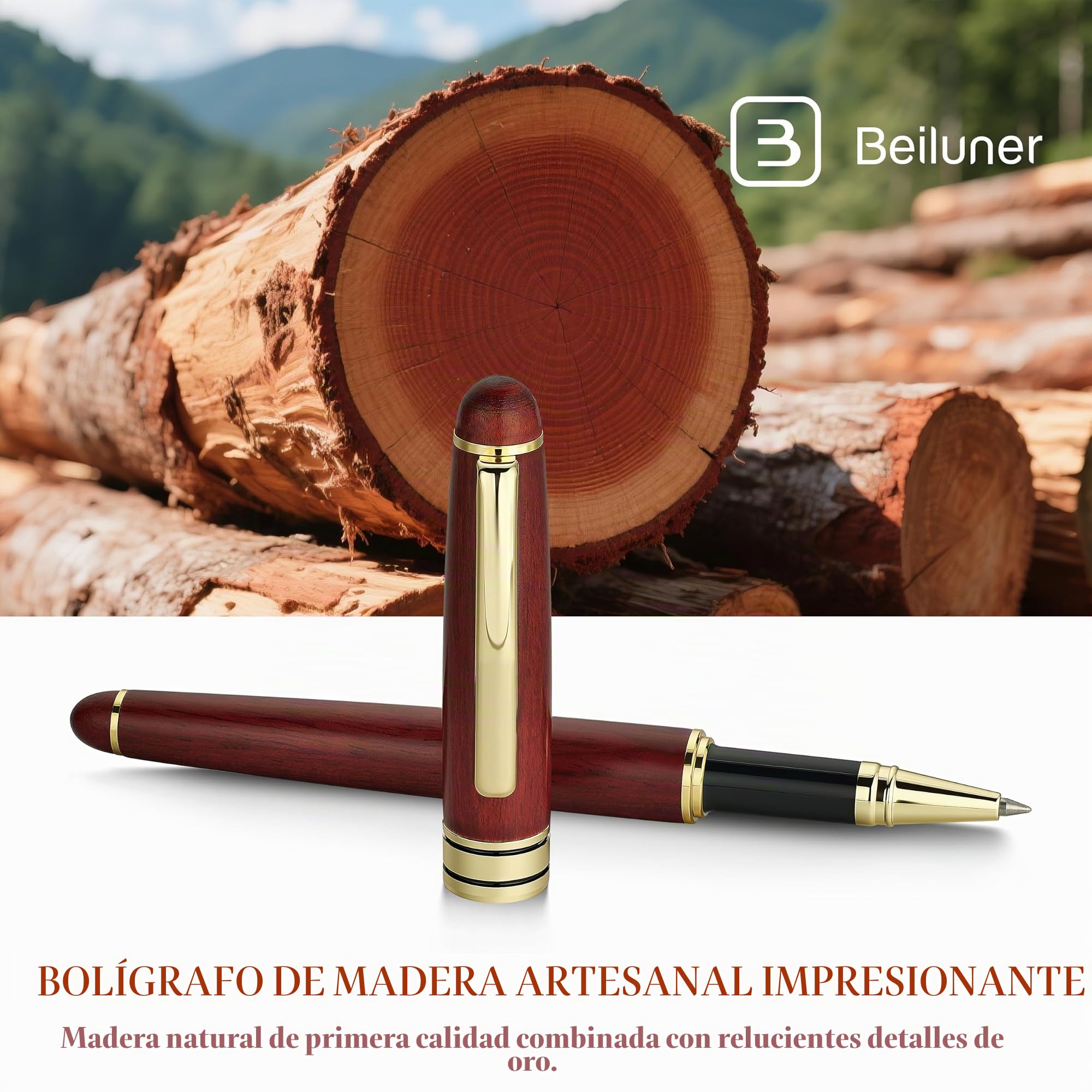 BEILUNER Set de Bolígrafos de Lujo de Madera de Palisandro - Elegante para Firma y Oficina Ejecutiva - Incluye Caja de Regalo y Recambios (Negro)