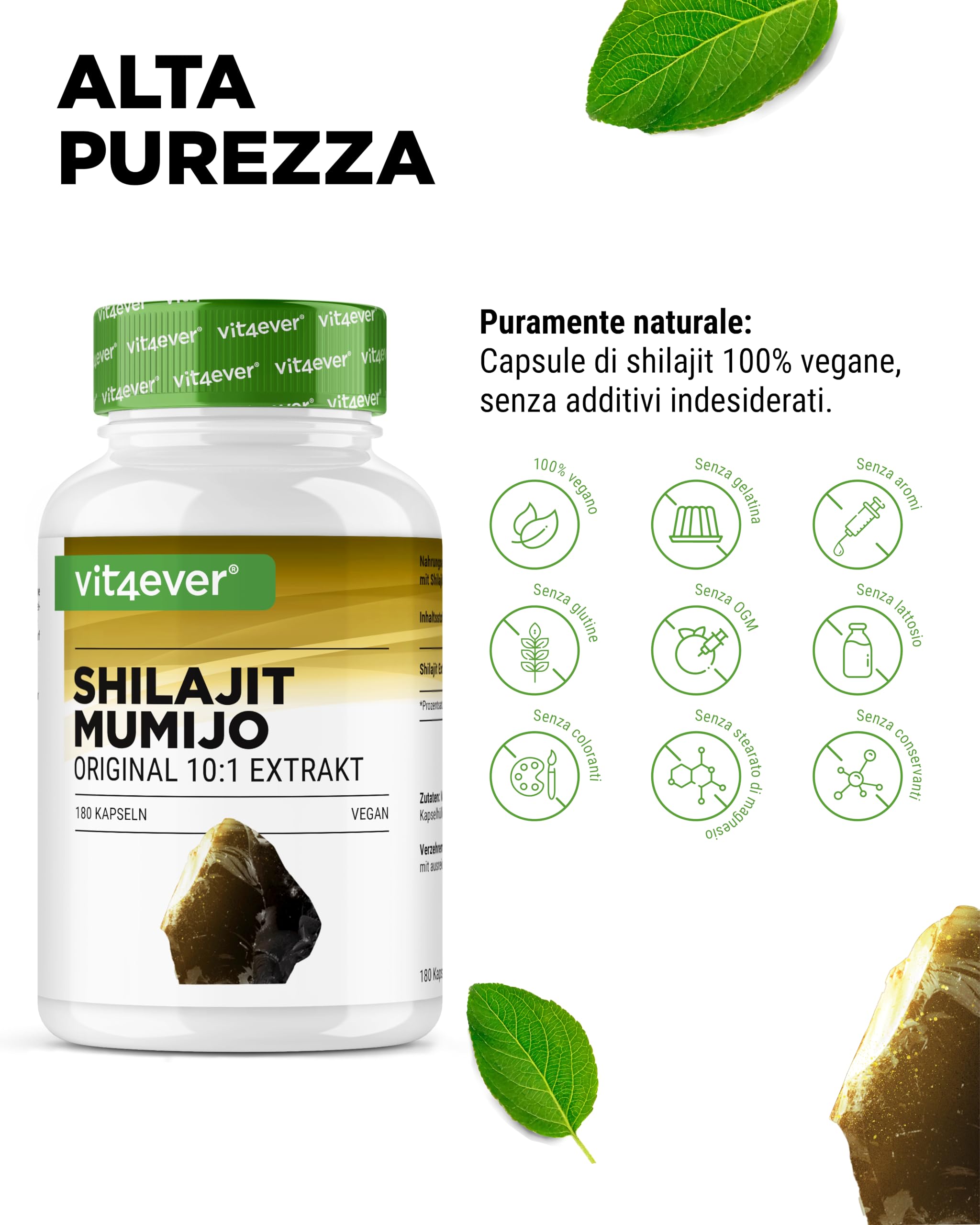 Mumijo Shilajit -180 capsule - Altamente dosato con 1500 mg per dose Giornaliera - Estratto Originale dell'Himalaya 10:1 - Senza additivi indesiderati - Vegan