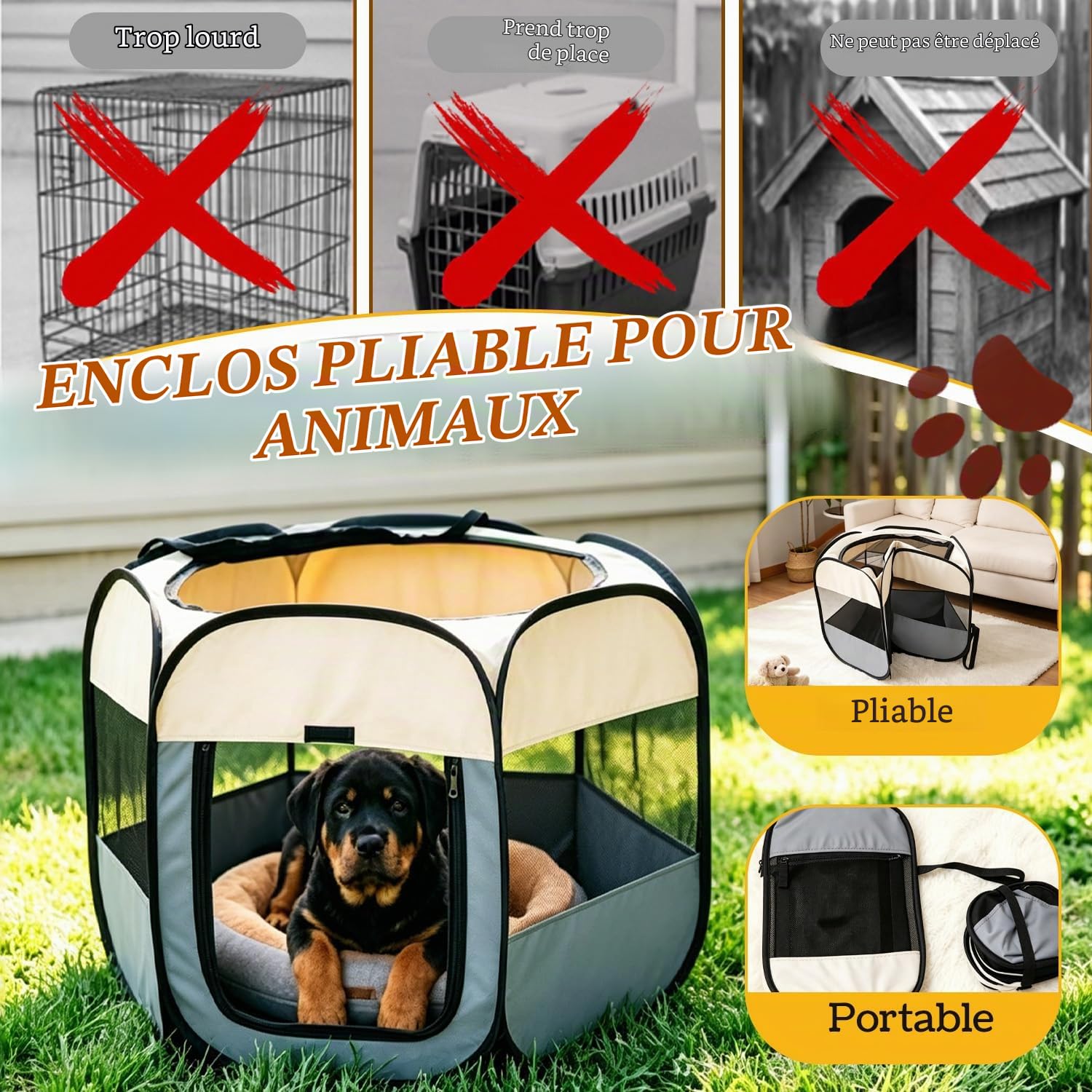 Parc pour Chien Pliable 105 x 105 x 60 cm Enclos Chien Portable | Enclos Lapin Aérée, Parc Chiot, Destinée au Repos et Aux Activités en Intérieur et en Extérieur des Chiens Chats et Lapins