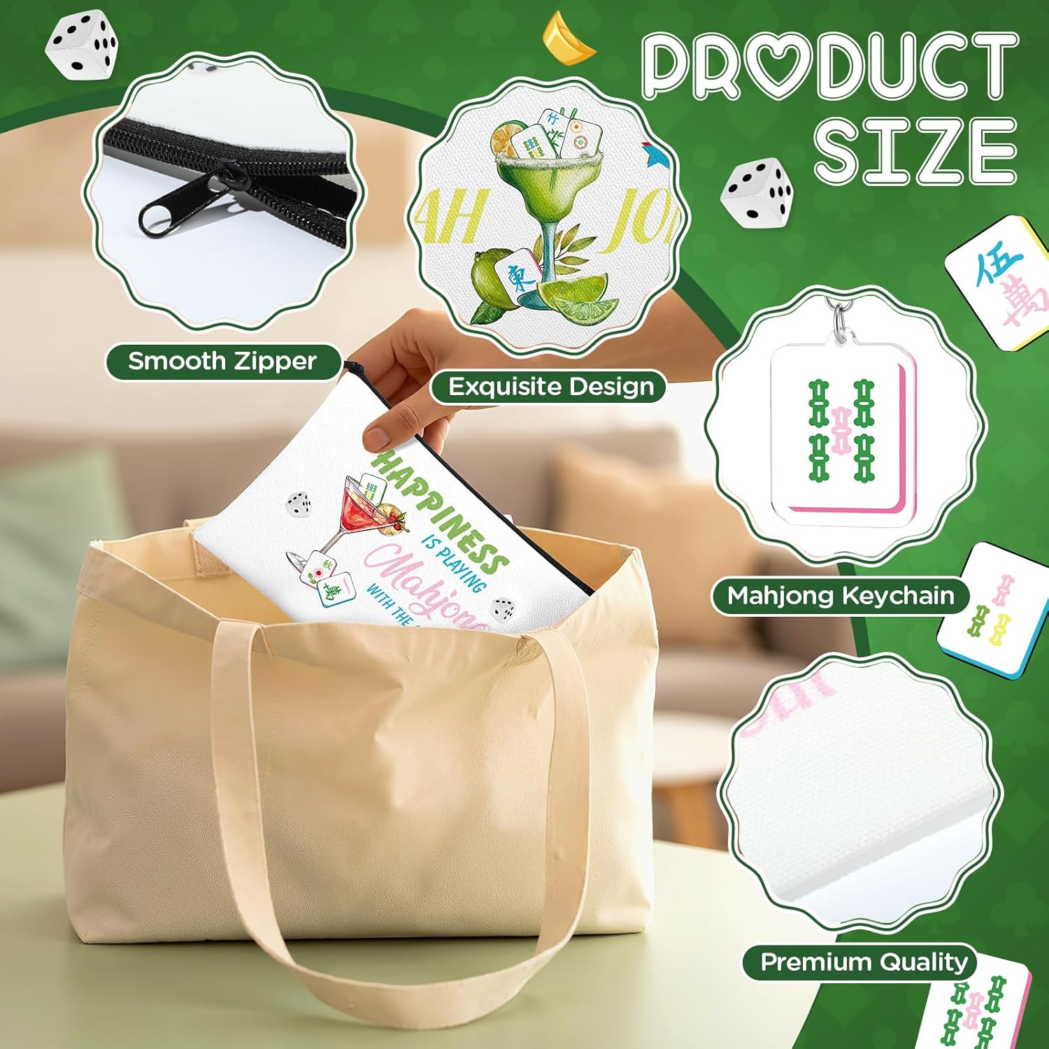 12Pcs Mahjong Tiles Bags Cosmetic Bags with Acrylic Keychains Sets Mahjong Lover Makeup Travel Toiletry Bag Pouch Coin Pen Purse Accessories Organizer for Women Men Birthday Spring Easter Gift Supply - Image 6