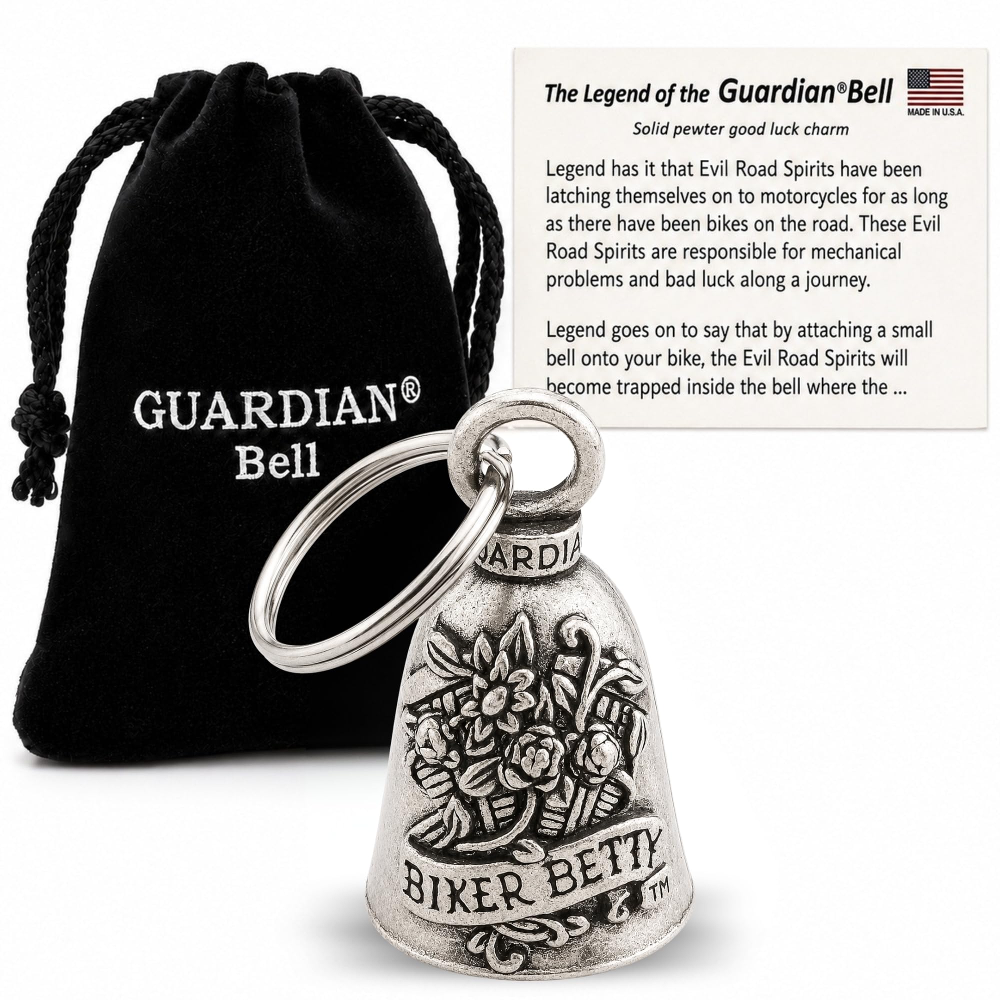 Guardian Bell Good Luck Bell w/Keyring &amp; Black Gift Bag | Motorcycle Bell | Pewter | Good Luck Gift | Bike Bell | Made in USA