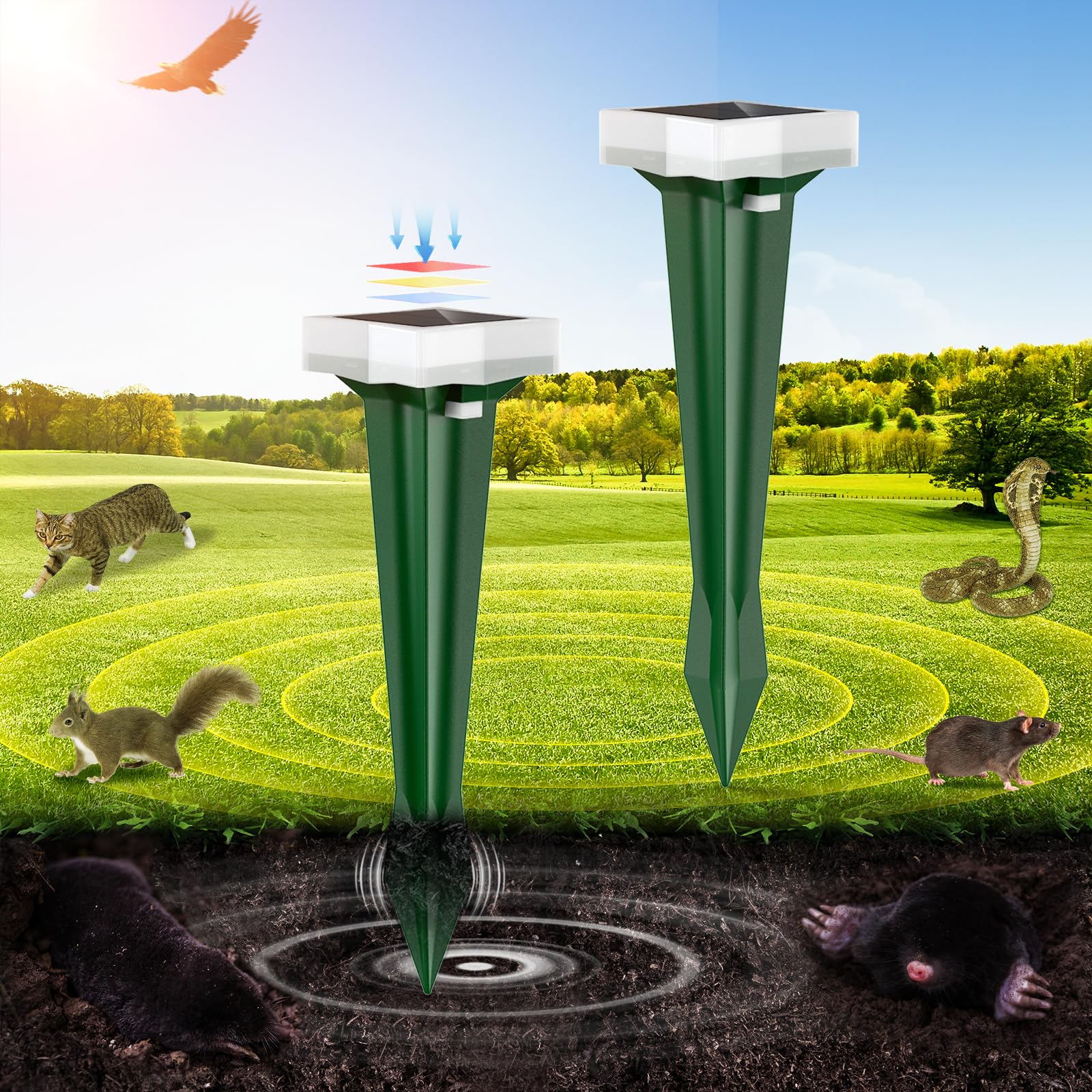 Ahuyentador de Topos, 3 Modos de Vibración Ahuyentador de Ratas con Luz LED, Solar y Impermeable Ultrasónico de Plagas, Topos y Serpientes, per Césped, Patio y Jardín (2, Verde)