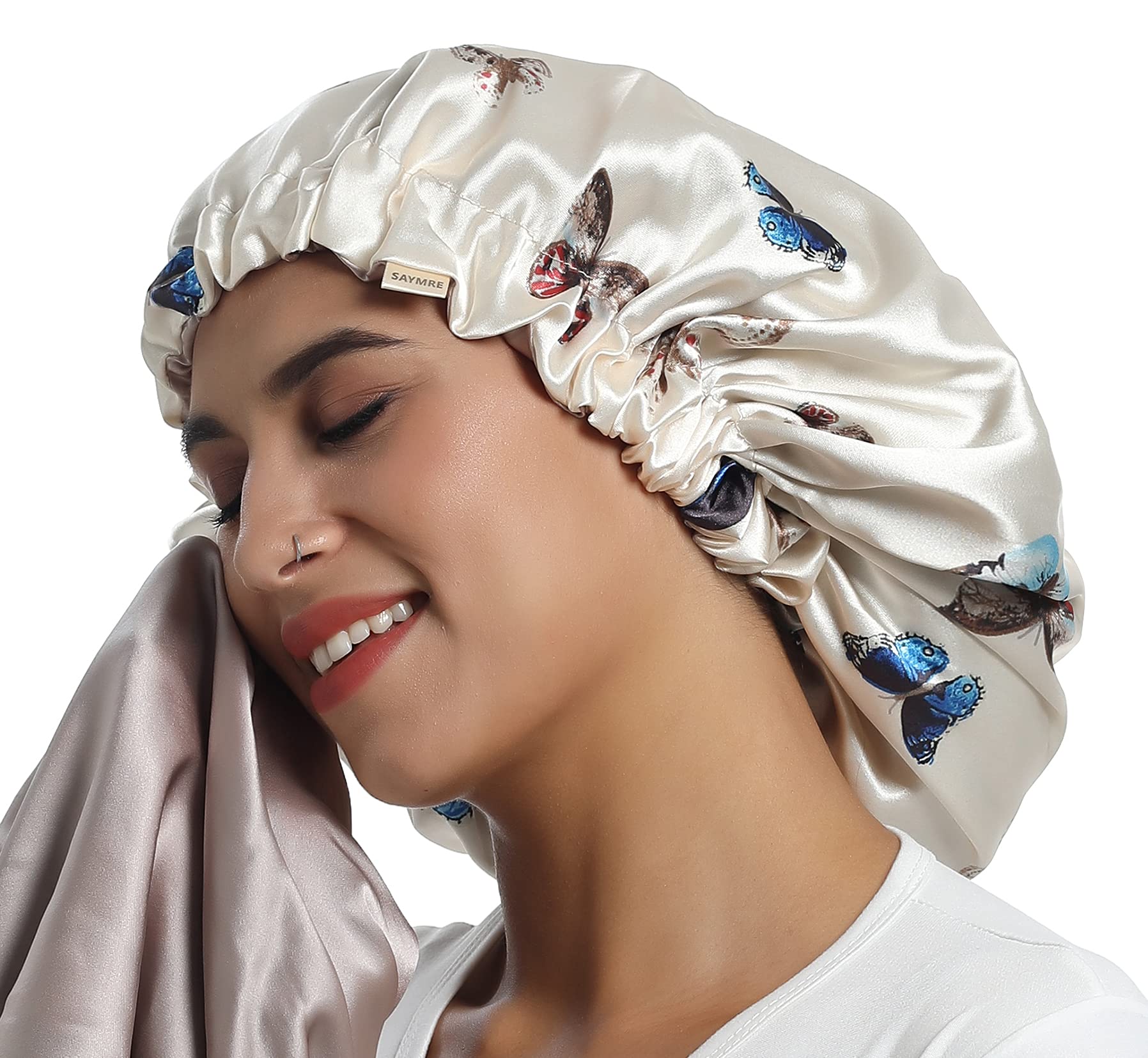 100% Mulberry Silk Lined Bonnet Adjustable Satin Sleep Cap 19 Momme Silk Bonnet for Women Curly,Long Hair Care