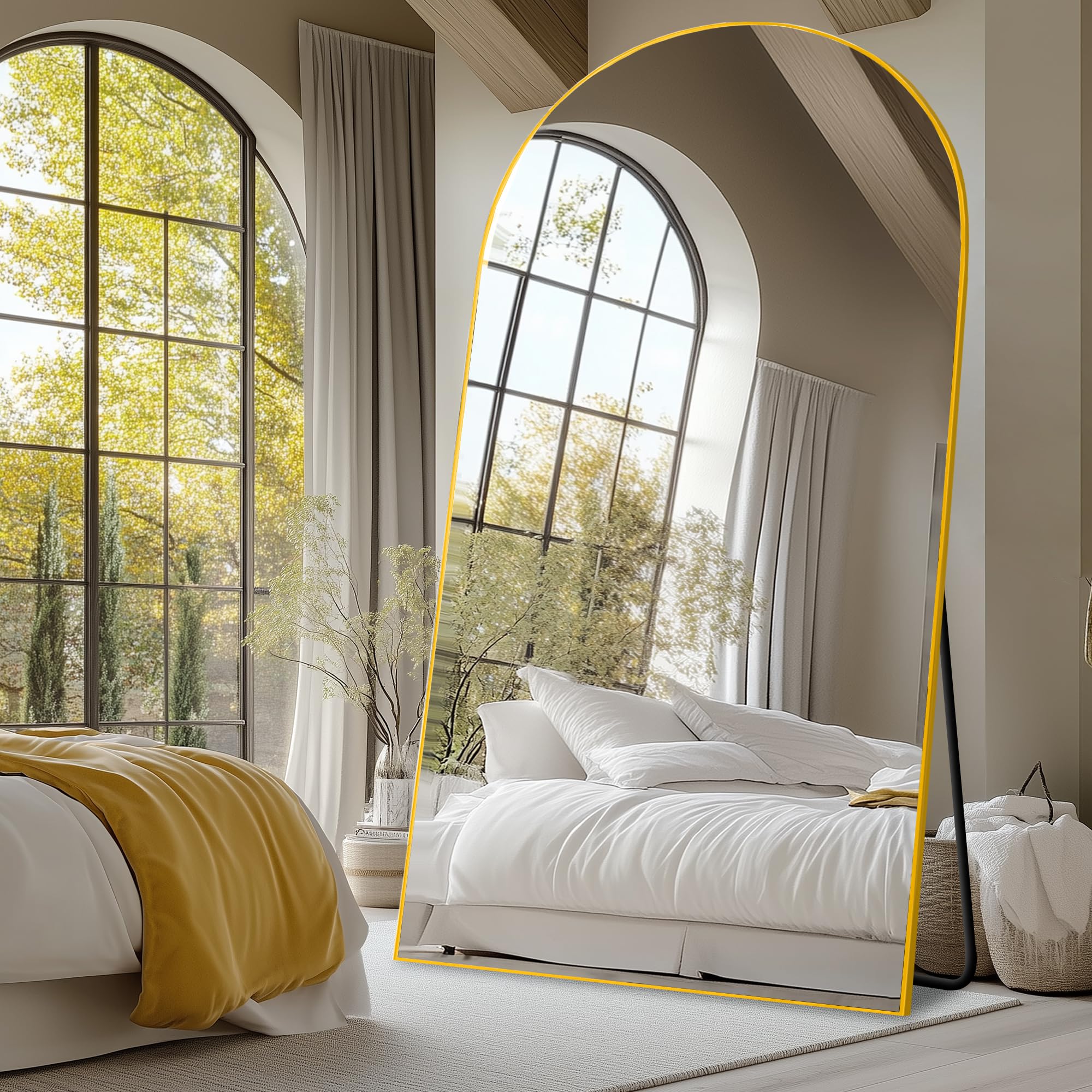 suidia 72"x44" arched full length mirror with stand, full body mirror with aluminum frame, freestanding/leaning/wall-mounted, floor mirrors for bedroom, living room, entryway, dressing room, gold