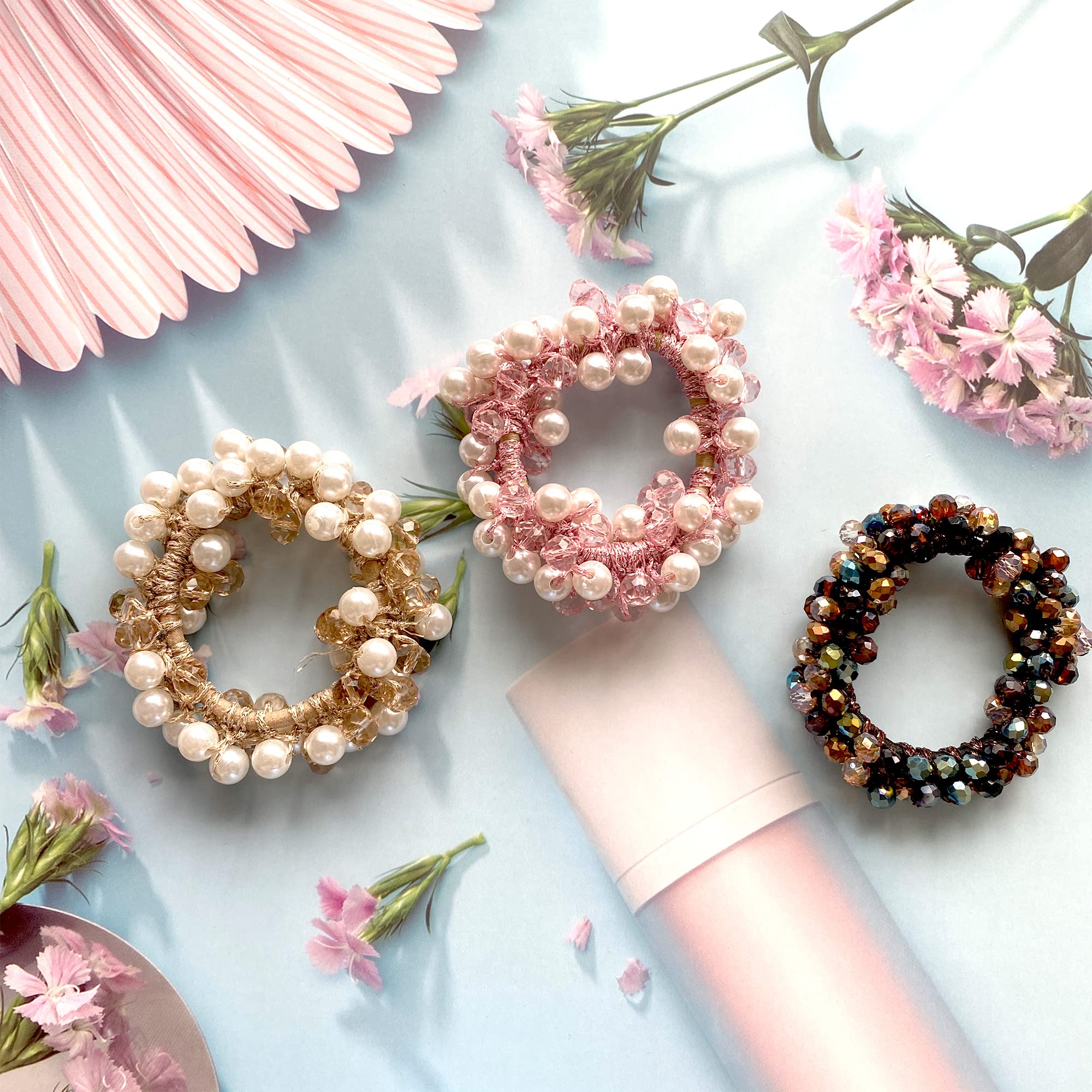 Amazon.com : EZWOO Crystal and Pearl Hair Scrunchies, Trendy  display picture 2