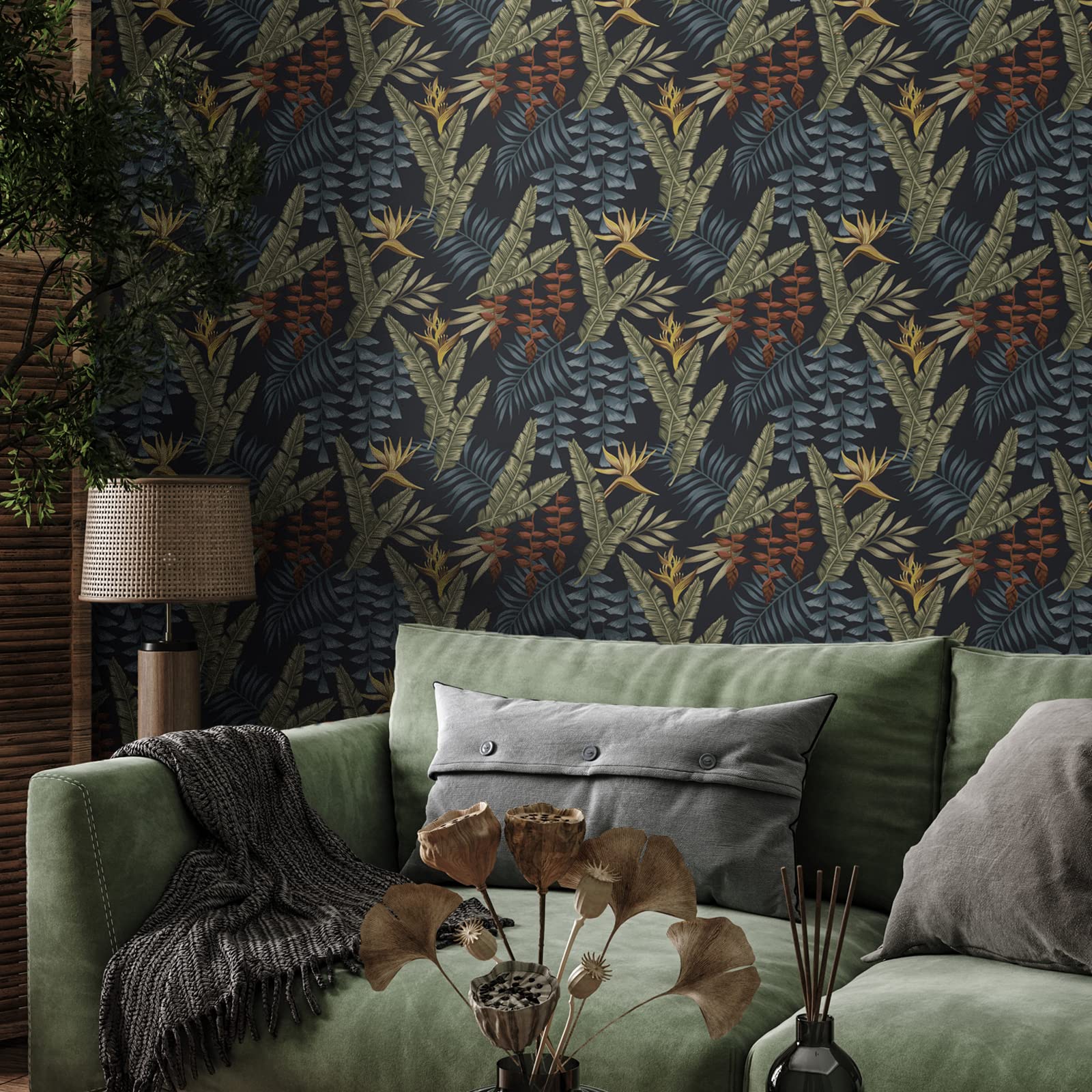 Papier Peint Autocollant Vinyle Vert Mousse Sur Fond Noir - 44,5 X 300 Cm - Motif Tropical, Imperméable, Amovible