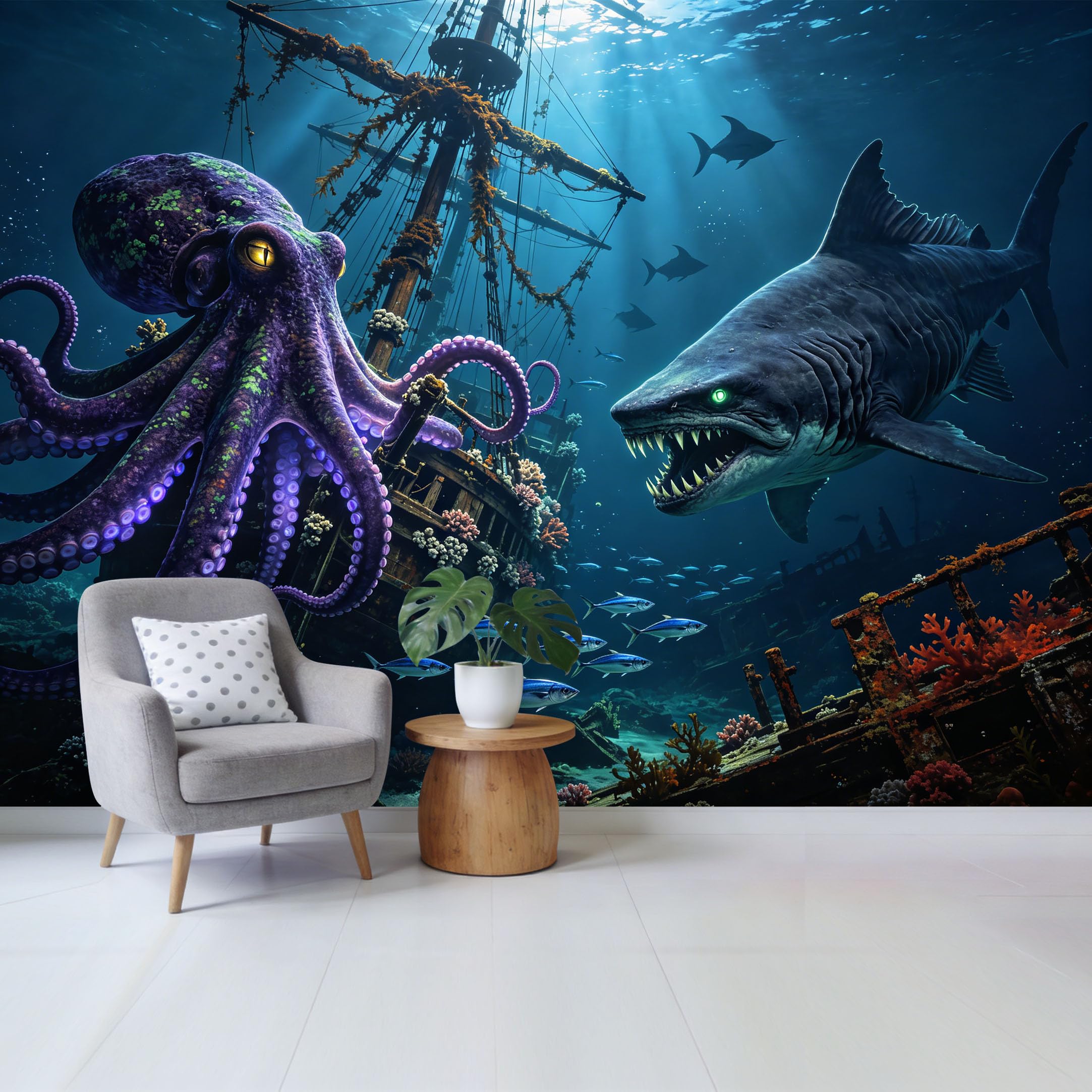 Custom Size Wall Mural Underwater Ocean Scene Giant Octopus and Shark Near Sunken Ship Tropical Marine 3D Removable Self Adhesive Fabric Home Wall Decor for Living Room Bedroom Bathroom
