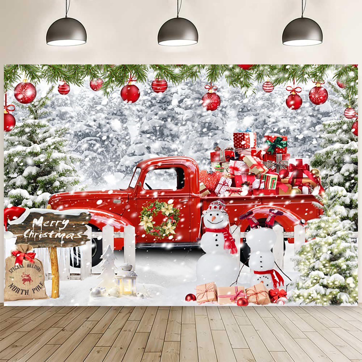 7x5ft Christmas Red Truck Backdrop Merry Christmas Winter Snowman Xmas Trees Photography Background Snow Pine Forest Gifts Snowflake Decorations