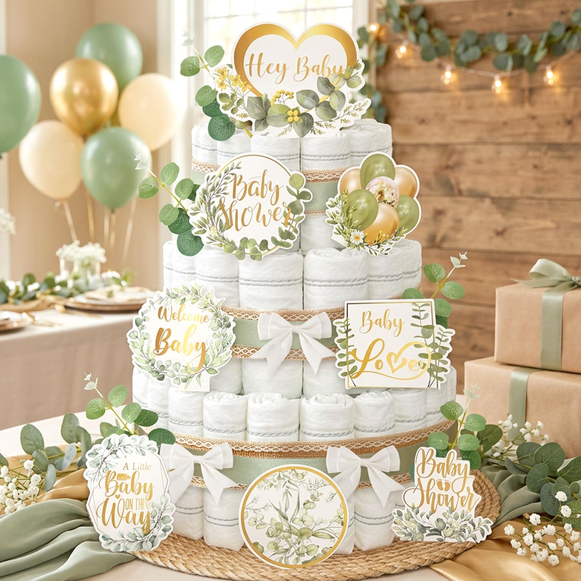 Greenery Diaper Cake Decor Kit Green Leaf Print for Baby Shower Party