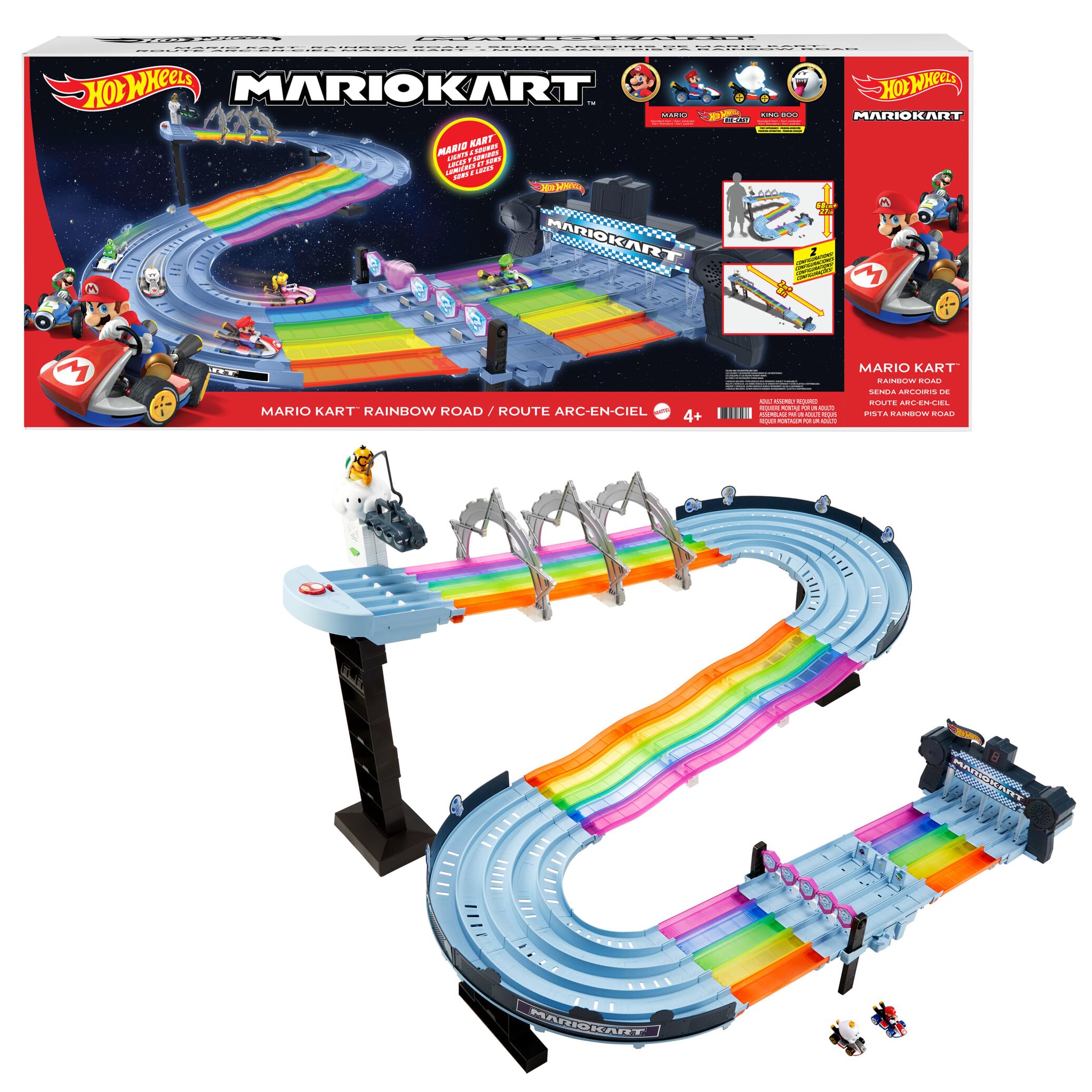 Hot Wheels Mario Kart Pista Arcoiris de Coches de Juguete con Luces y Sonidos, Incluye 2 vehículos Personaje Die-Cast (Mattel GXX41)