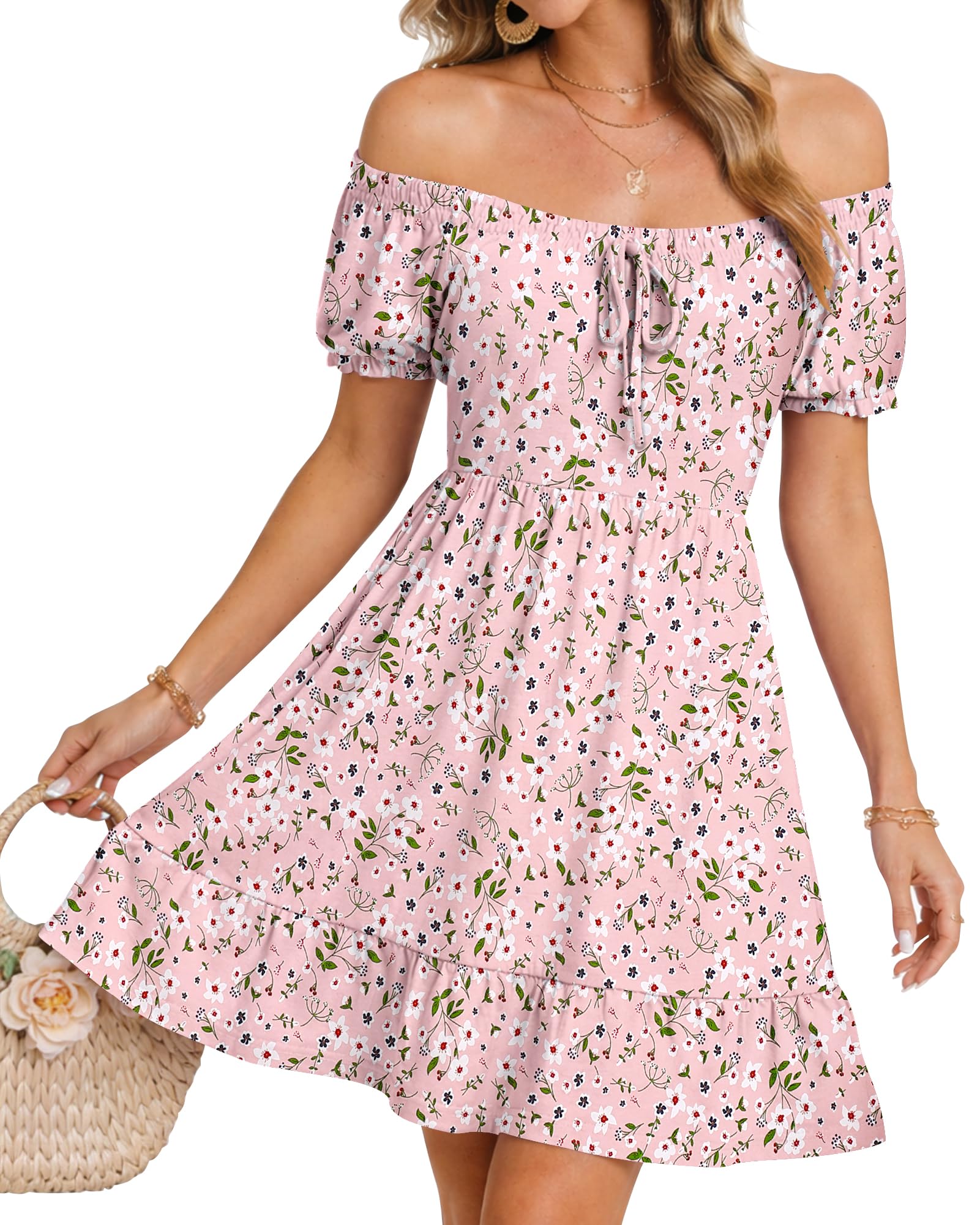 AUSELILY Damen Sommerkleid Kurzarm Puff Ärmel Kleider Bedruckter Hoher Taille Strandkleid Freizeit Minikleid mit Taschen