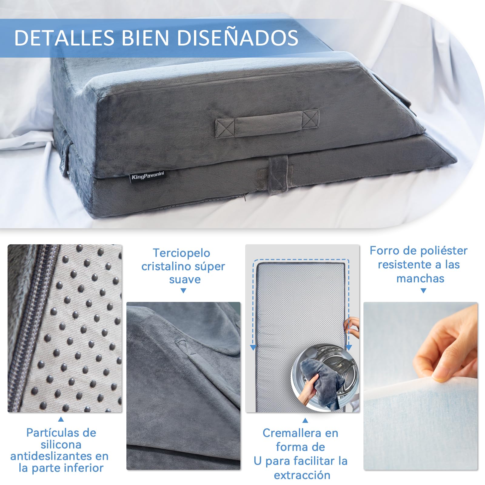 KingPavonini Cojín para piernas con elevación de 4 niveles ajustables en altura, para uso postoperatorio/lesiones/descanso, cojín para piernas de espuma viscoelástica con 3 asas y relleno extraíble
