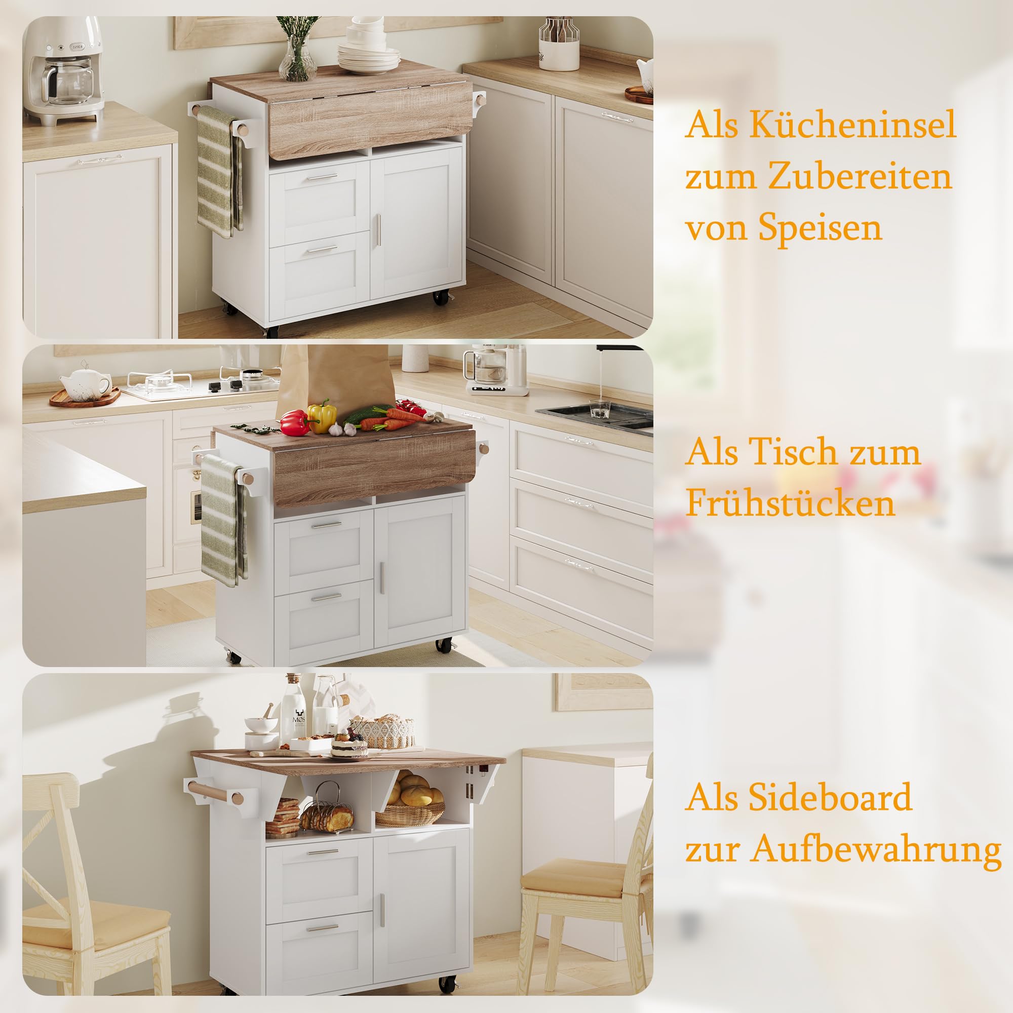 Kücheninsel auf Rollen Servierwagen mit Rollen Küchenwagen mit ausziehbarer Arbeitsplatte Rollwagen mit Schubladen Barwagen für Küche, Esszimmer, Frühstücksbar Weiß, 80 x 80.5 x 80 cm, Verdickte MDF