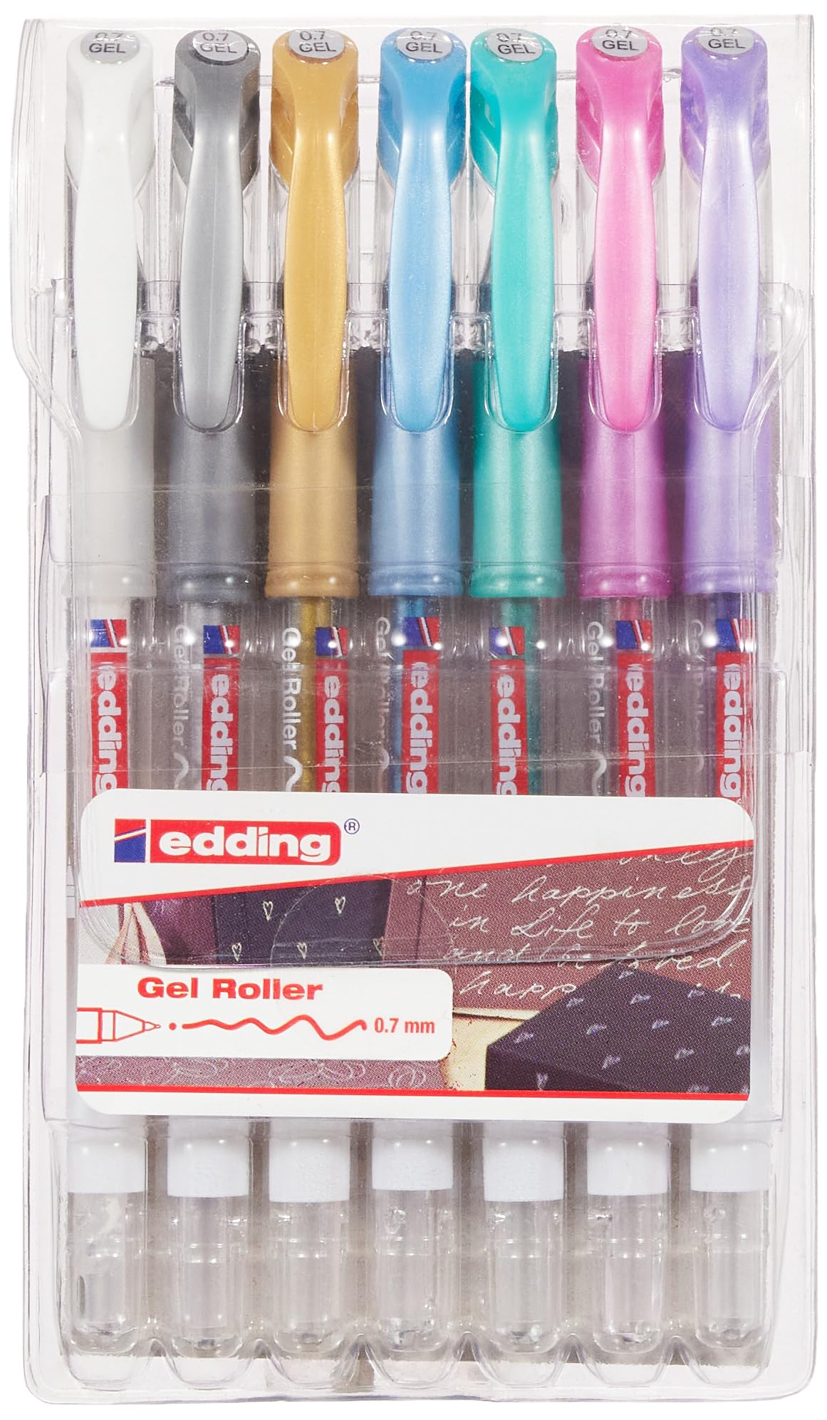edding 2185 roller gel - blanco, oro, plata, azul, verde, rosa, violeta - juego de 7 - 0,7 mm - bolígrafo de gel para escribir, colorear o decorar bullet journals - rotulador de gel para mandalas