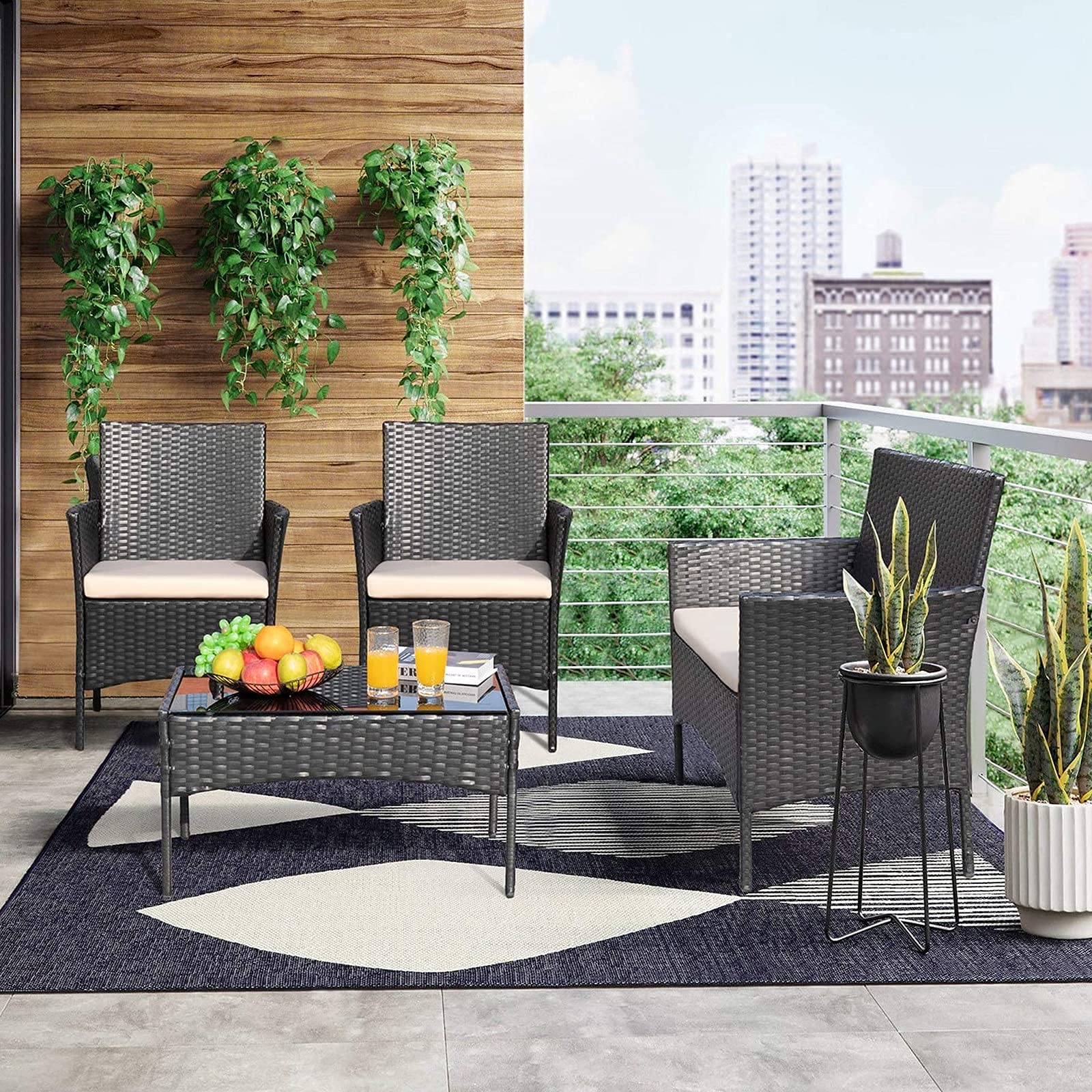 Conjunto de muebles de jardín de polirratán para 4 personas, incluye 2 sofás, sillas individuales, mesa y cojines de asiento, resistentes a la intemperie, color negro