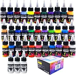 ArtBeek Conjunto de 33 cores vibrantes de tinta para aerógrafo, 36 frascos de tinta acrílica para modelos, artesanato, metal, plástico, inclui 3 frascos mais finos para arte de aerografia