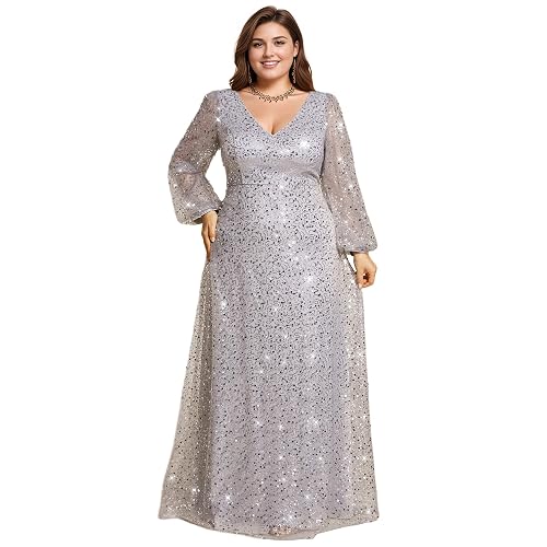 Snapklik.com : Womens Elegant A-Line V Neck Sheer Long Sleeves Plus Size  Sequin Formal Dress Evening Gown Silver US20
