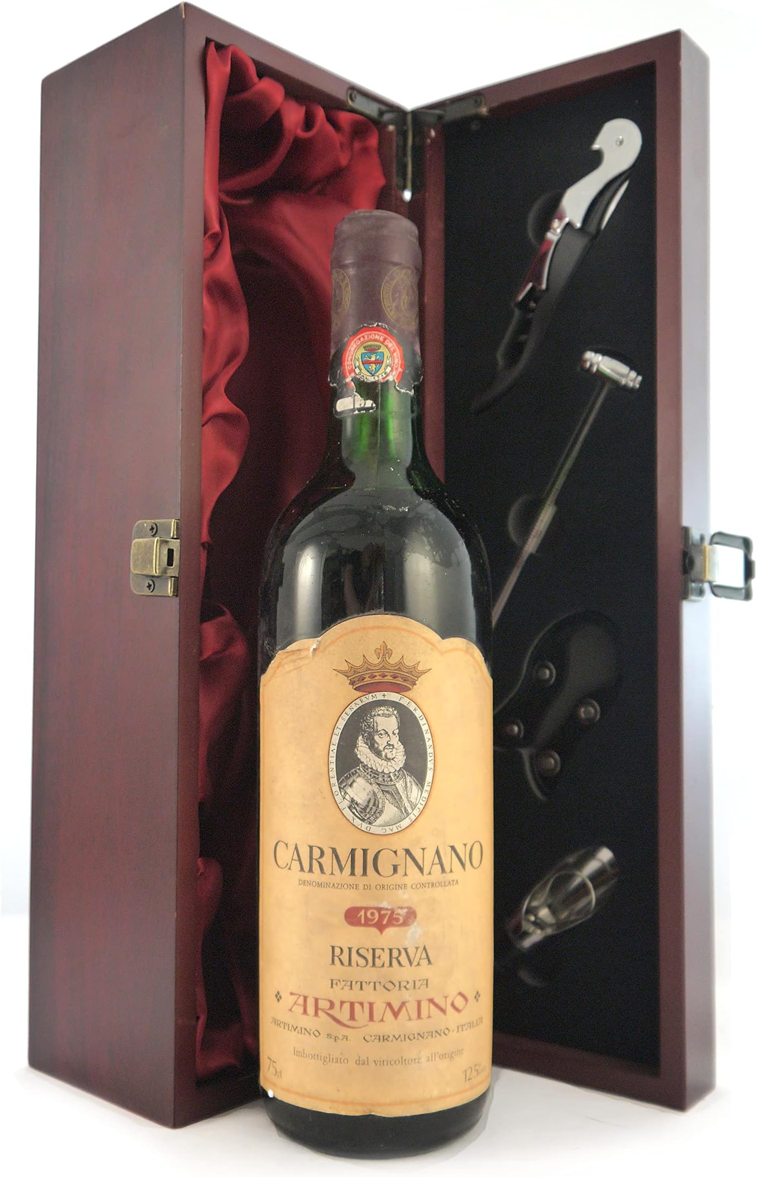 Carmignano Riserva 1975 Fattoria Artimino (Red wine) vintage wine in a silk lined wooden box with four wine accessories, 1 x 750ml