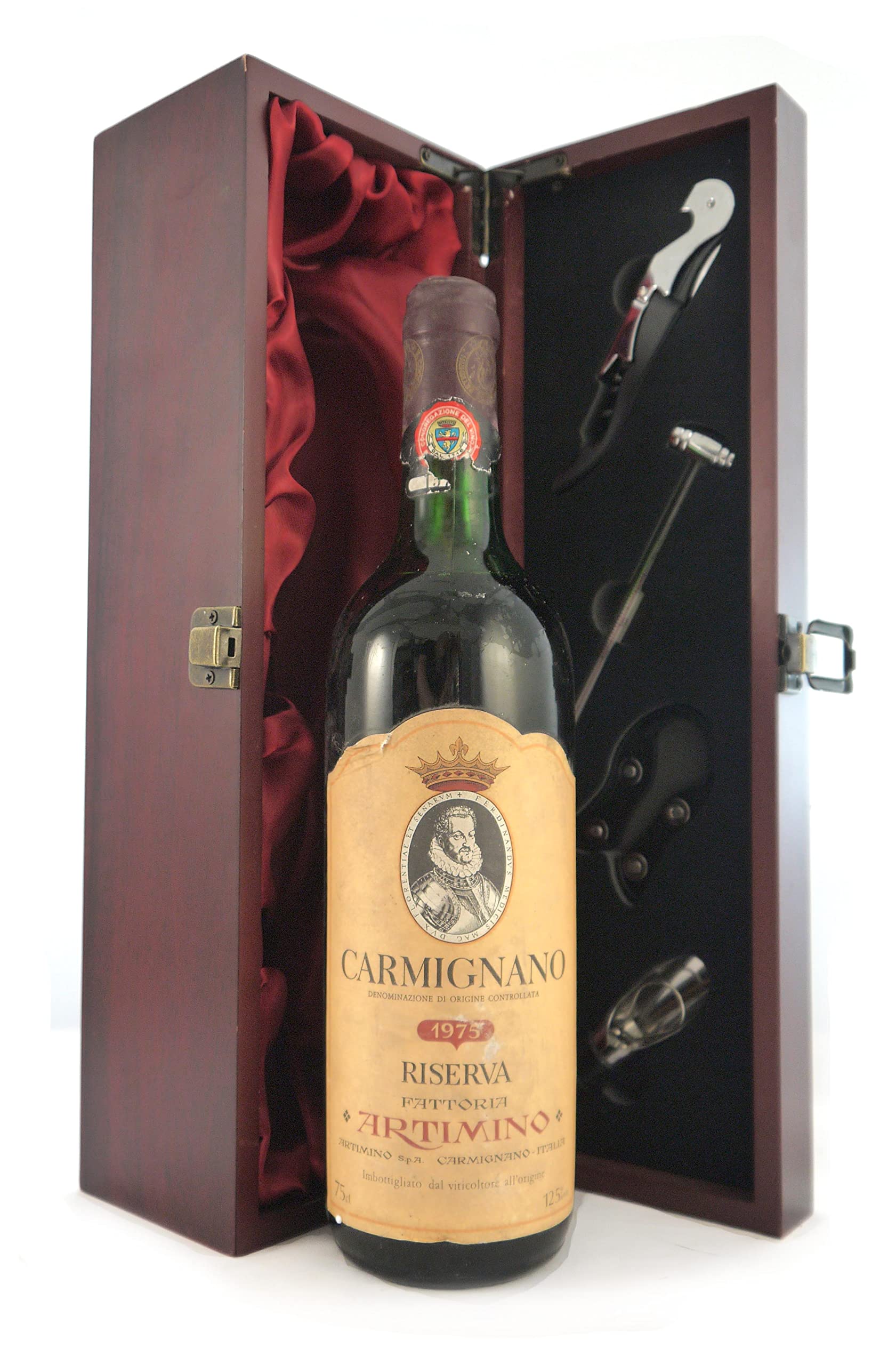 Carmignano Riserva 1975 Fattoria Artimino (Red wine) vintage wine in a silk lined wooden box with four wine accessories, 1 x 750ml
