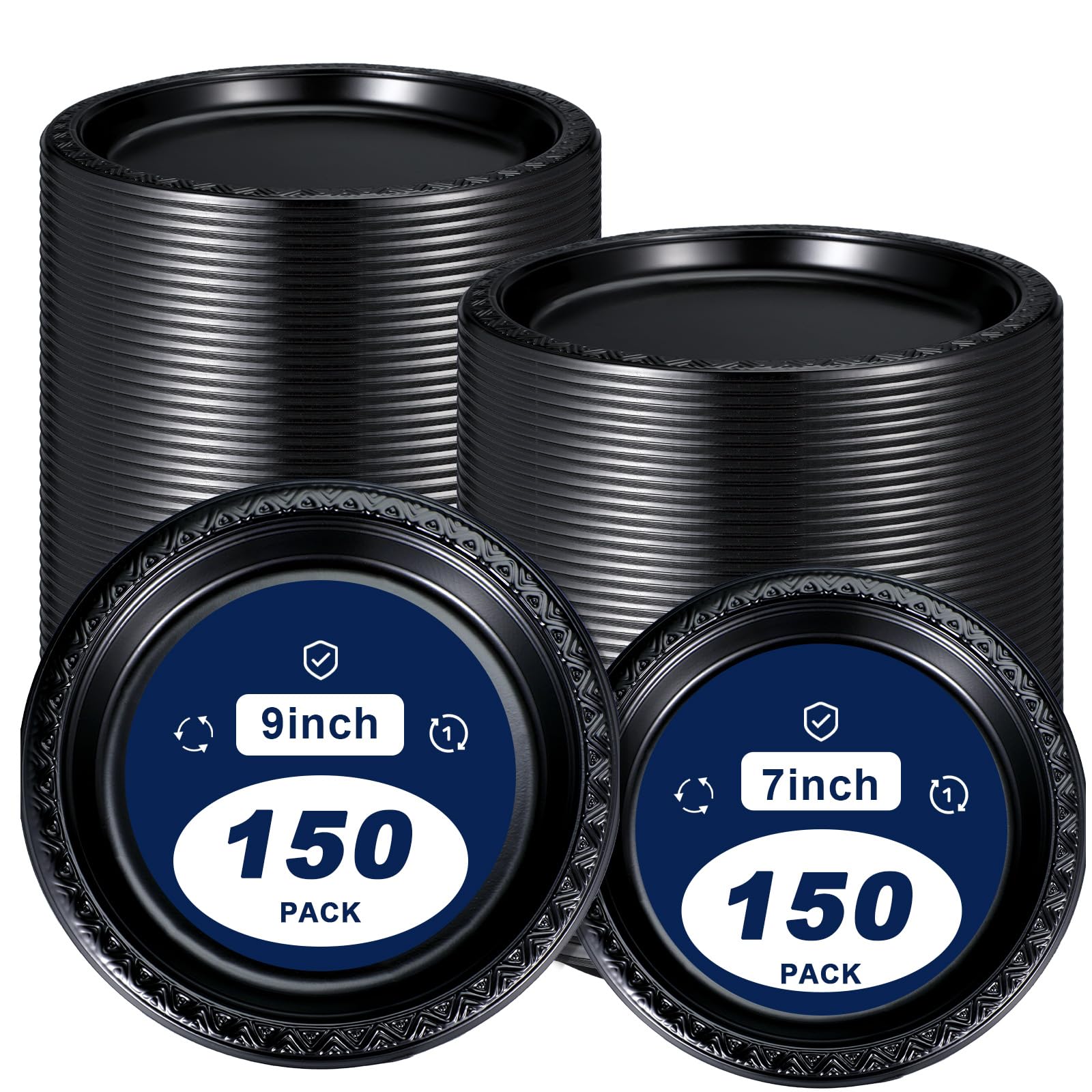 300 Pieces Disposable Plastic Plates 7 Inch 9 Inch Round Heavy Duty Plastic Dinner Plates Bulk Solid Color Plates Picnic Plates for Birthday Wedding Party Dessert Event Picnic Supplies (Black)