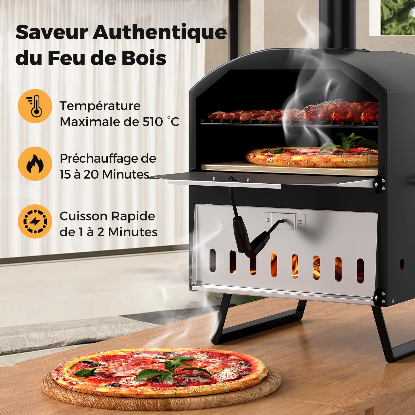 GYMAX Four à Pizza d'Extérieur à Bois avec Pierre de Cuisson 40,5cm, Température Max. 510°C, Barbecue