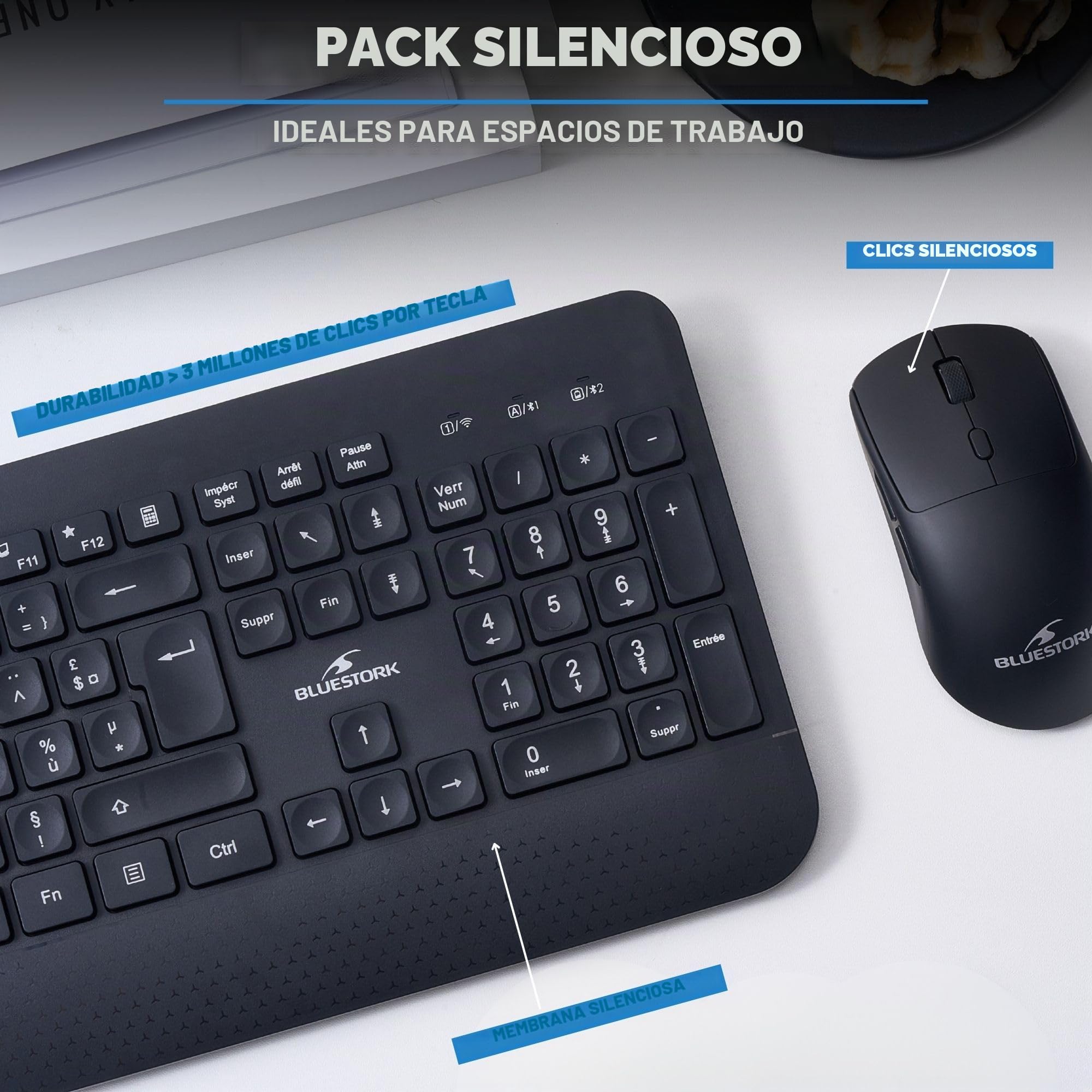 Bluestork – Paquete de Escritorio R2 – Juego de Teclado de ratón Doble conexión Bluetooth / 2,4 GHz – Teclado inalámbrico AZERTY FR, Recargable y ratón inalámbrico Ligero – 120 Horas de duración – PC