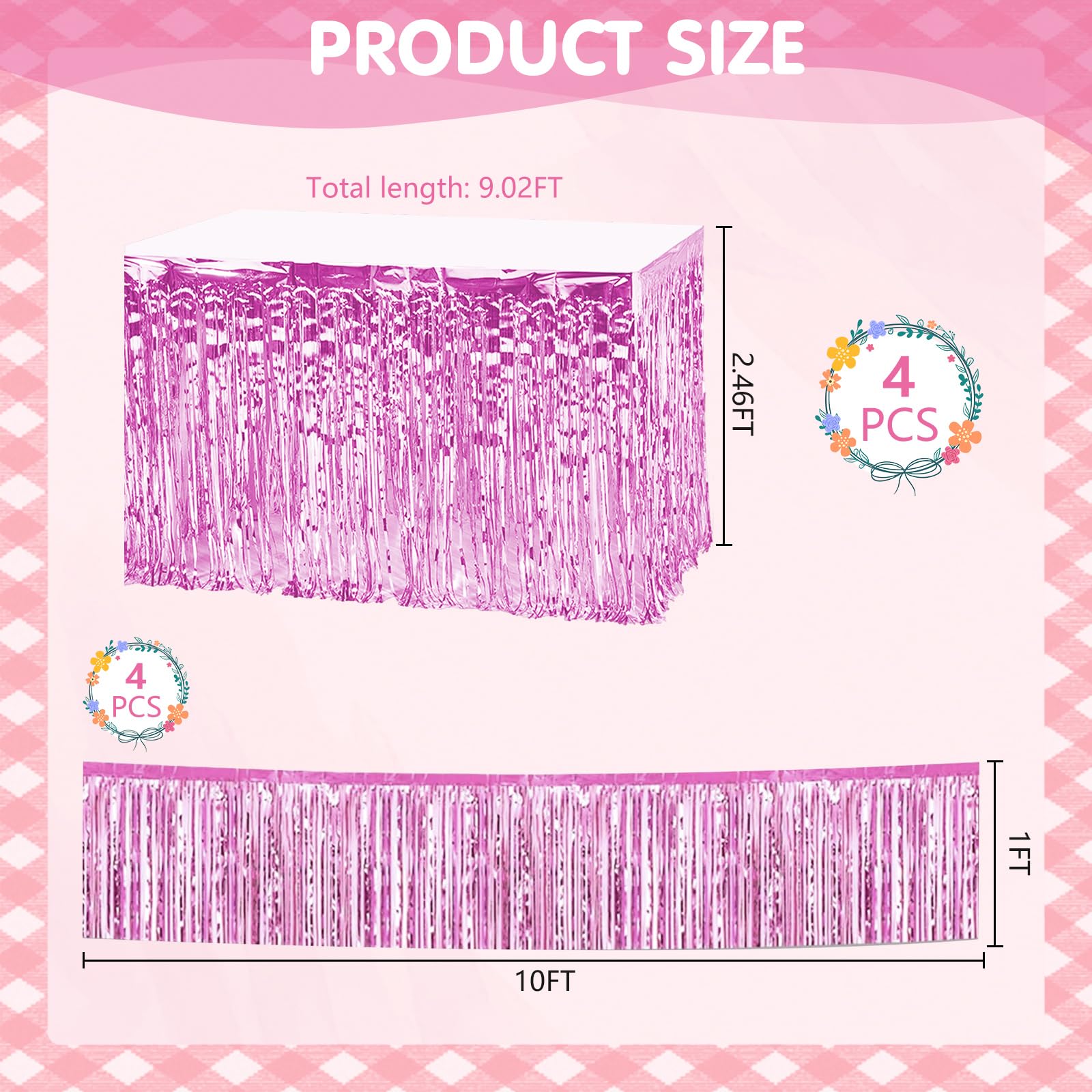 Stranthother 4 Pack Pink Metallic Foil Fringe Tinsel Table Skirts 29x108 Inch & 4 Pack 10 Feet Tinsel Curtain Garland Streamers Backdrop Banner for Holiday Birthday Wedding Bachelorette Party Decor