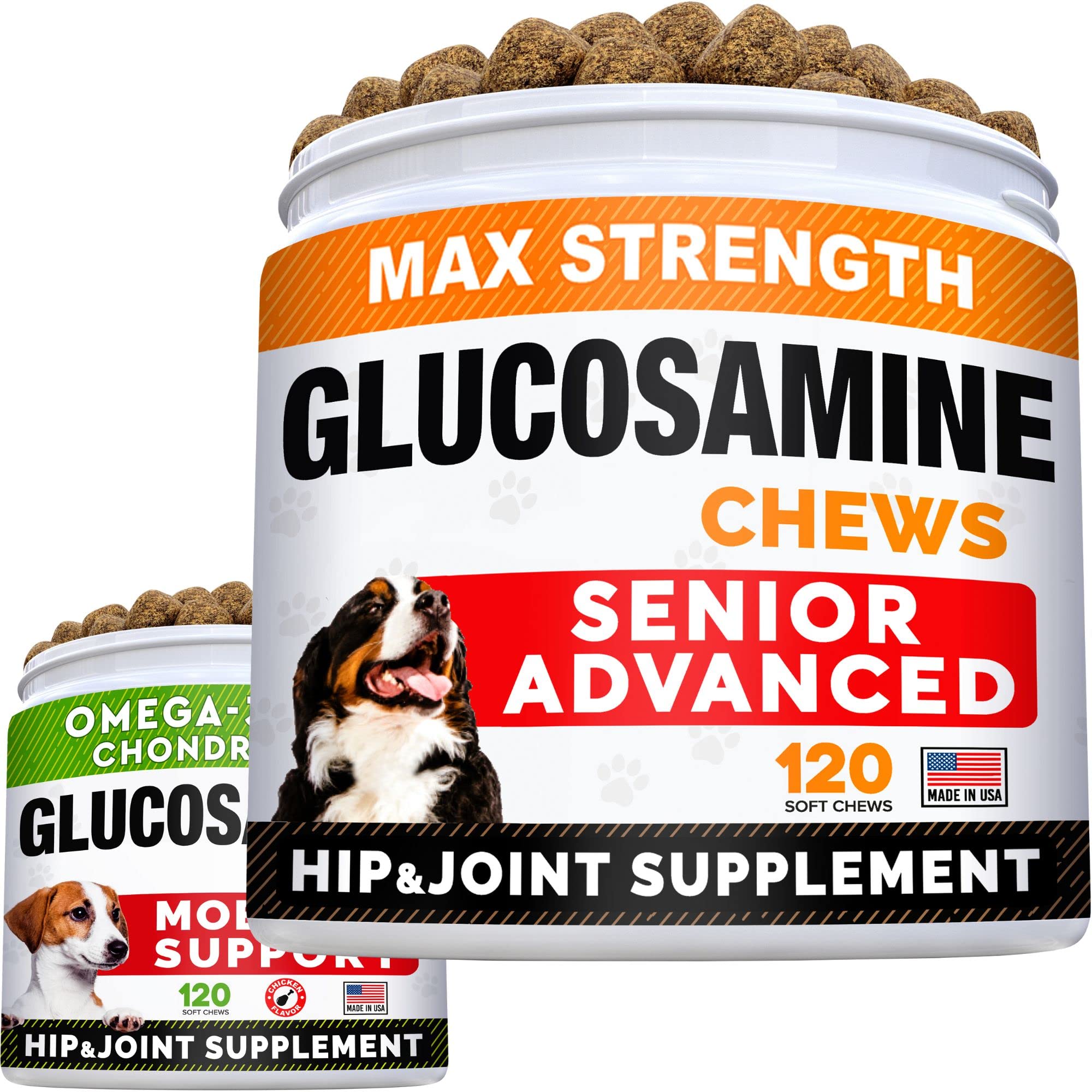 Senior Advanced Glucosamine Joint Supplement + Glucosamine Treats for Dogs Bundle - Hip & Joint Pain Relief + Advanced Mobility - Omega-3 Fish Oil, Chondroitin, MSM - Small + Large Breeds - 240 Chews