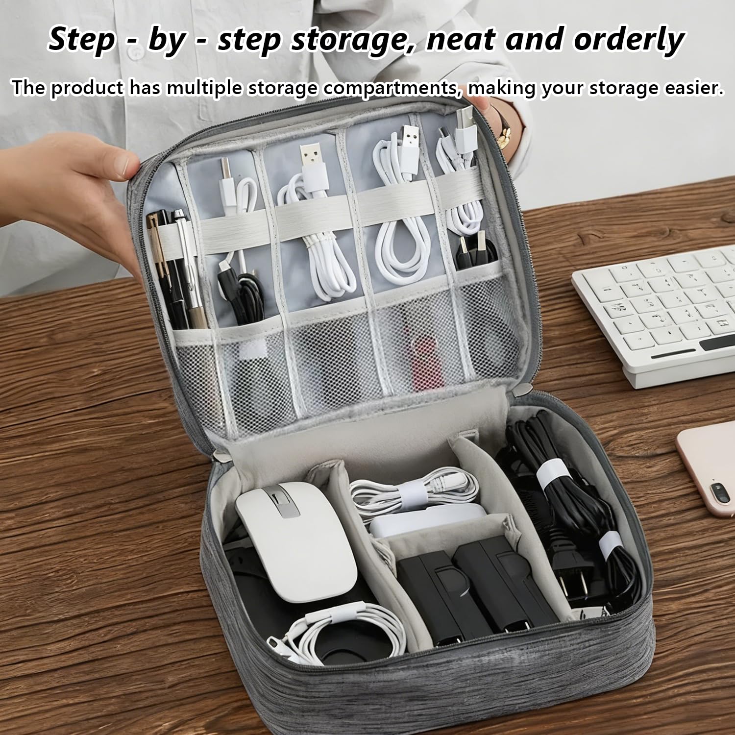 Bolsa de almacenamiento grande impermeable para cables, adecuada para accesorios electrónicos, gris — view 2