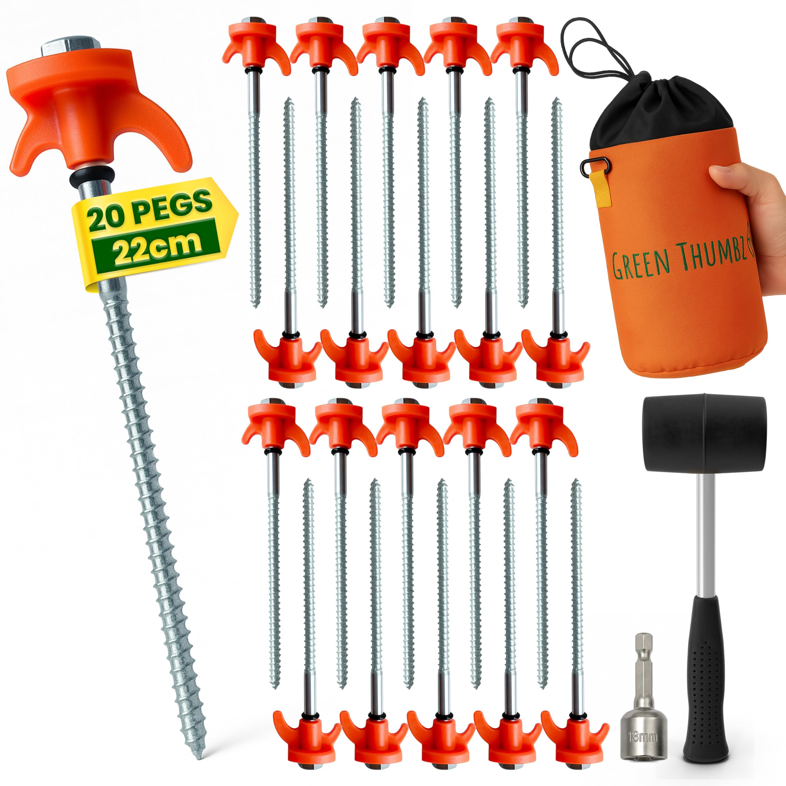 Lot de 20 piquets de tente robustes orange de 22 cm avec sac de rangement, mousqueton, anneaux en caoutchouc, embout à douille et maillet – Piquets de camping galvanisés pour l'extérieur